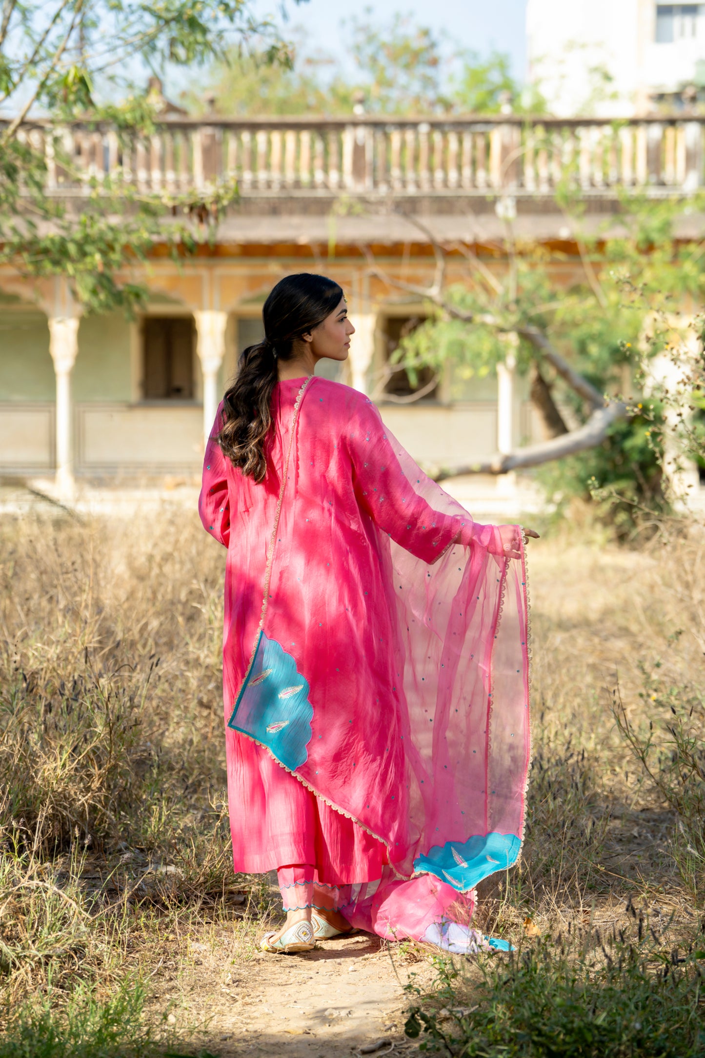 Fuschia Mul Chanderi Kurta Set with Pitta Motifs