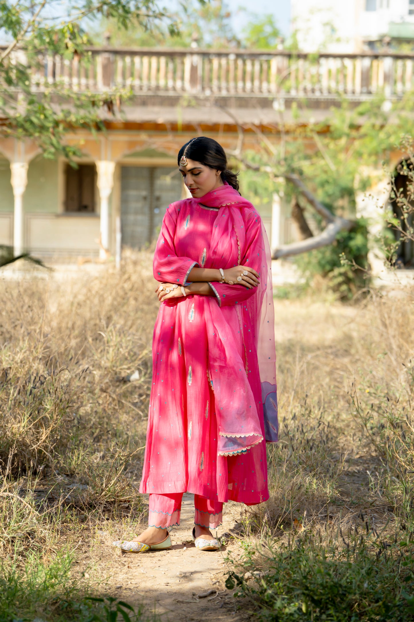 Fuschia Mul Chanderi Kurta Set with Pitta Motifs