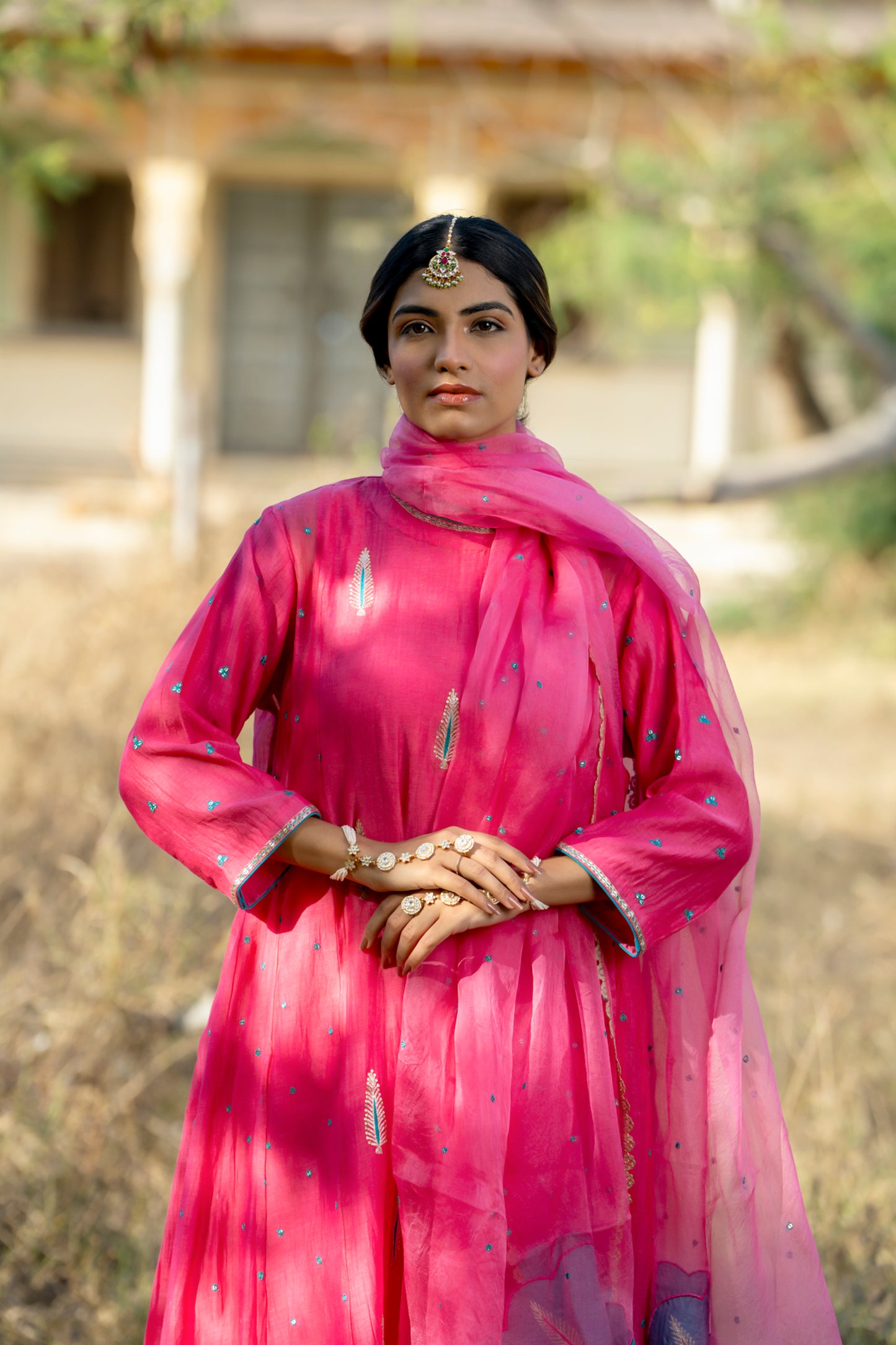 Fuschia Mul Chanderi Kurta Set with Pitta Motifs