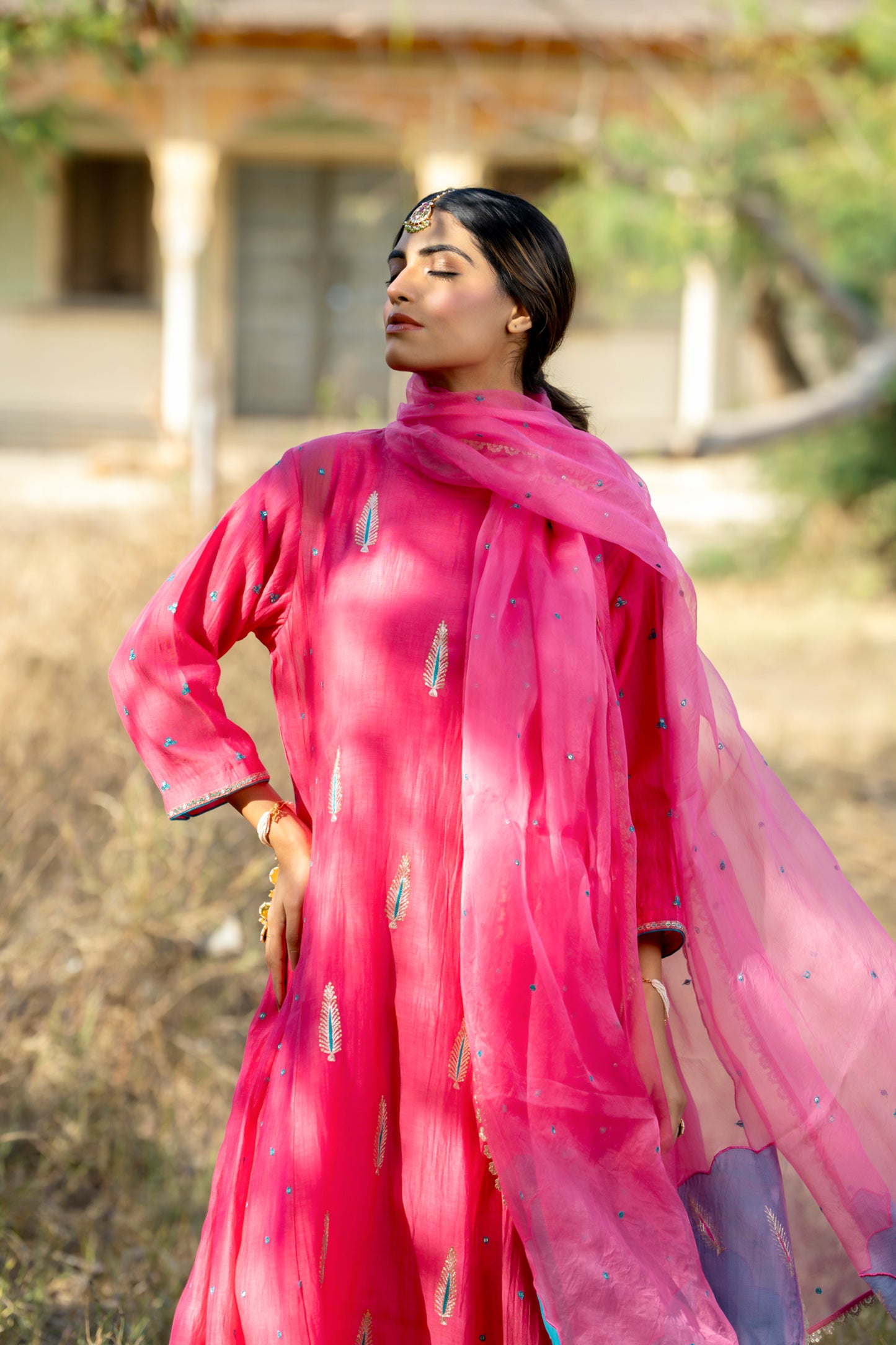 Fuschia Mul Chanderi Kurta Set with Pitta Motifs