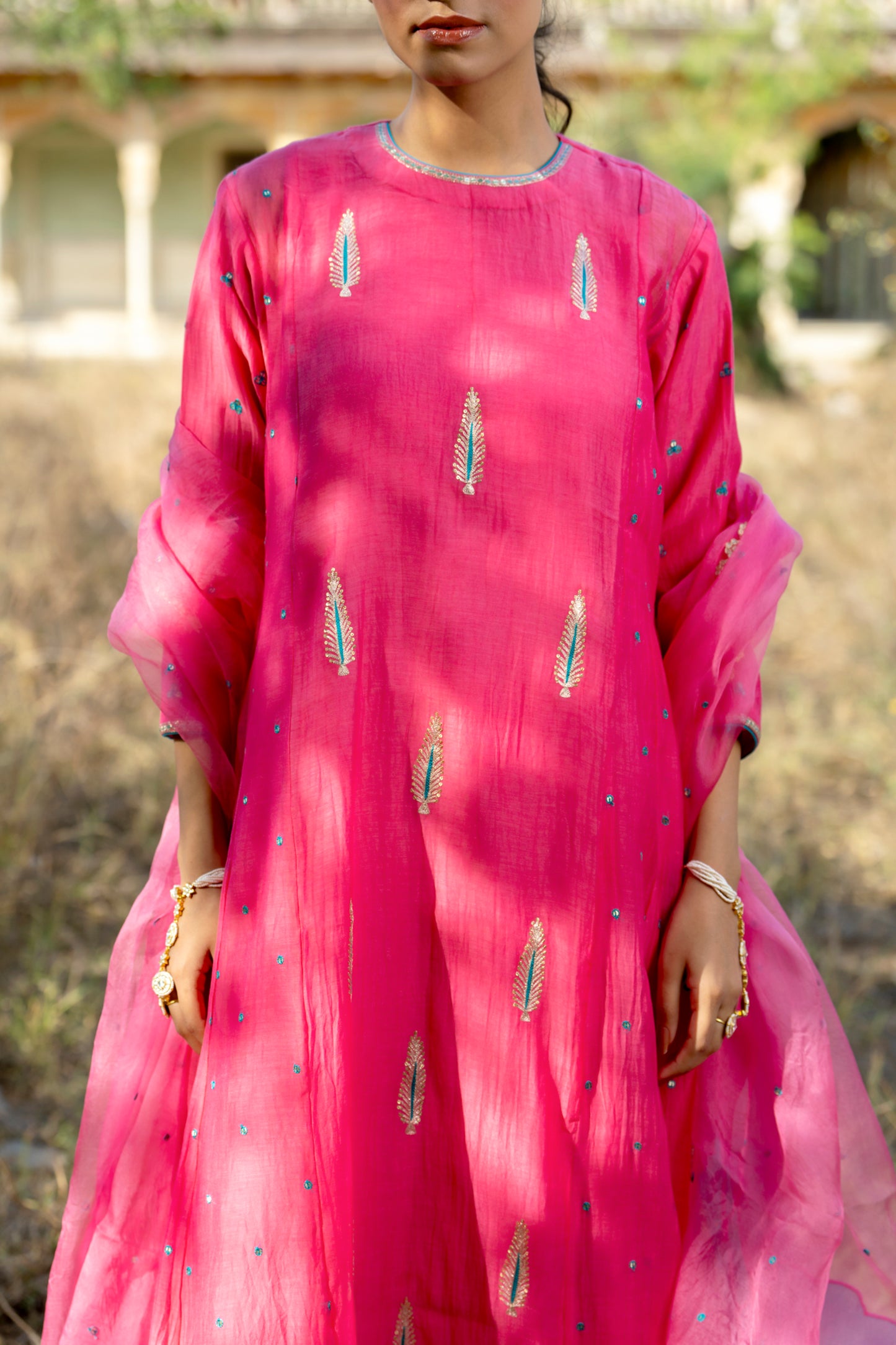 Fuschia Mul Chanderi Kurta Set with Pitta Motifs