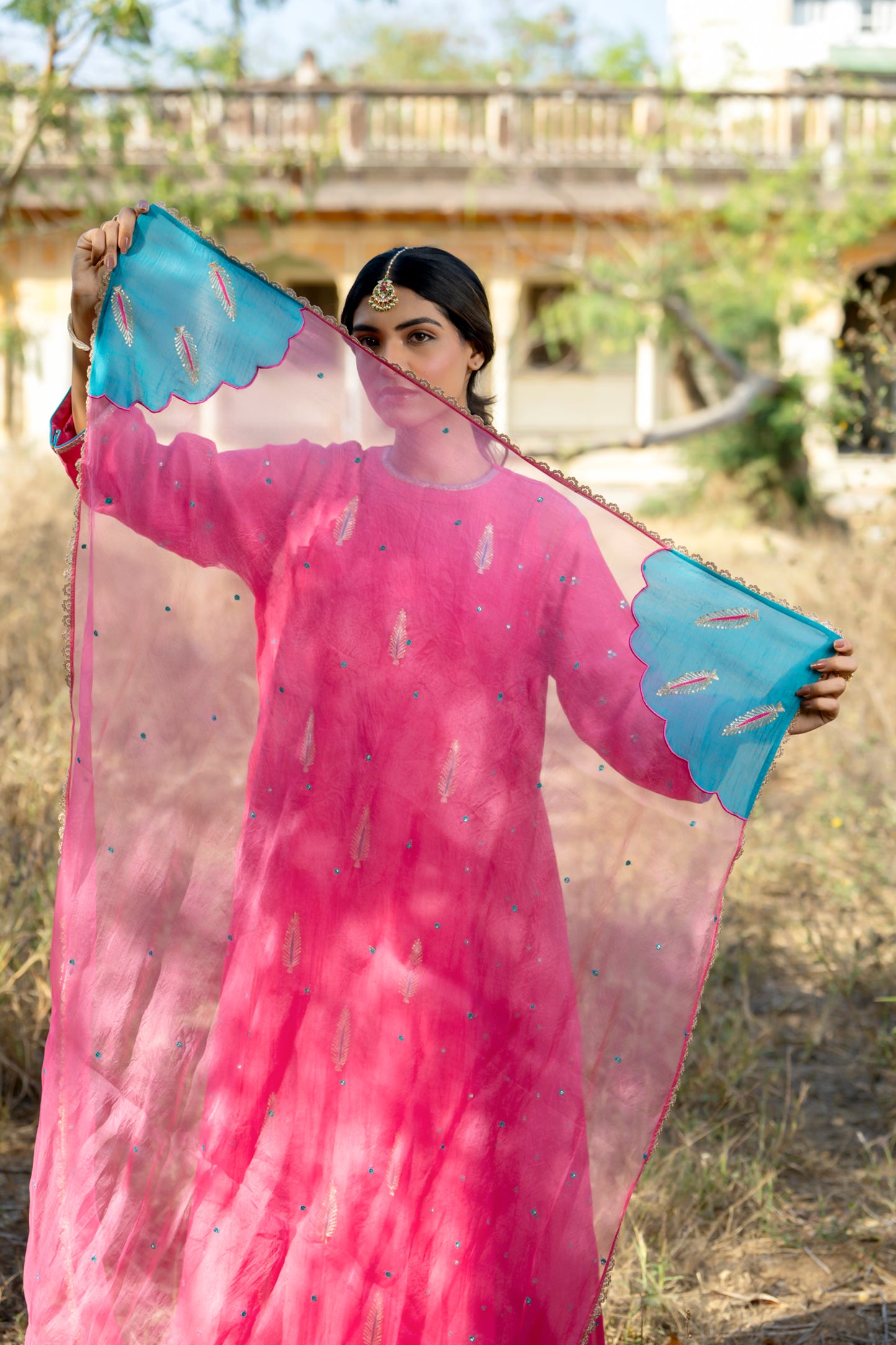 Fuschia Mul Chanderi Kurta Set with Pitta Motifs