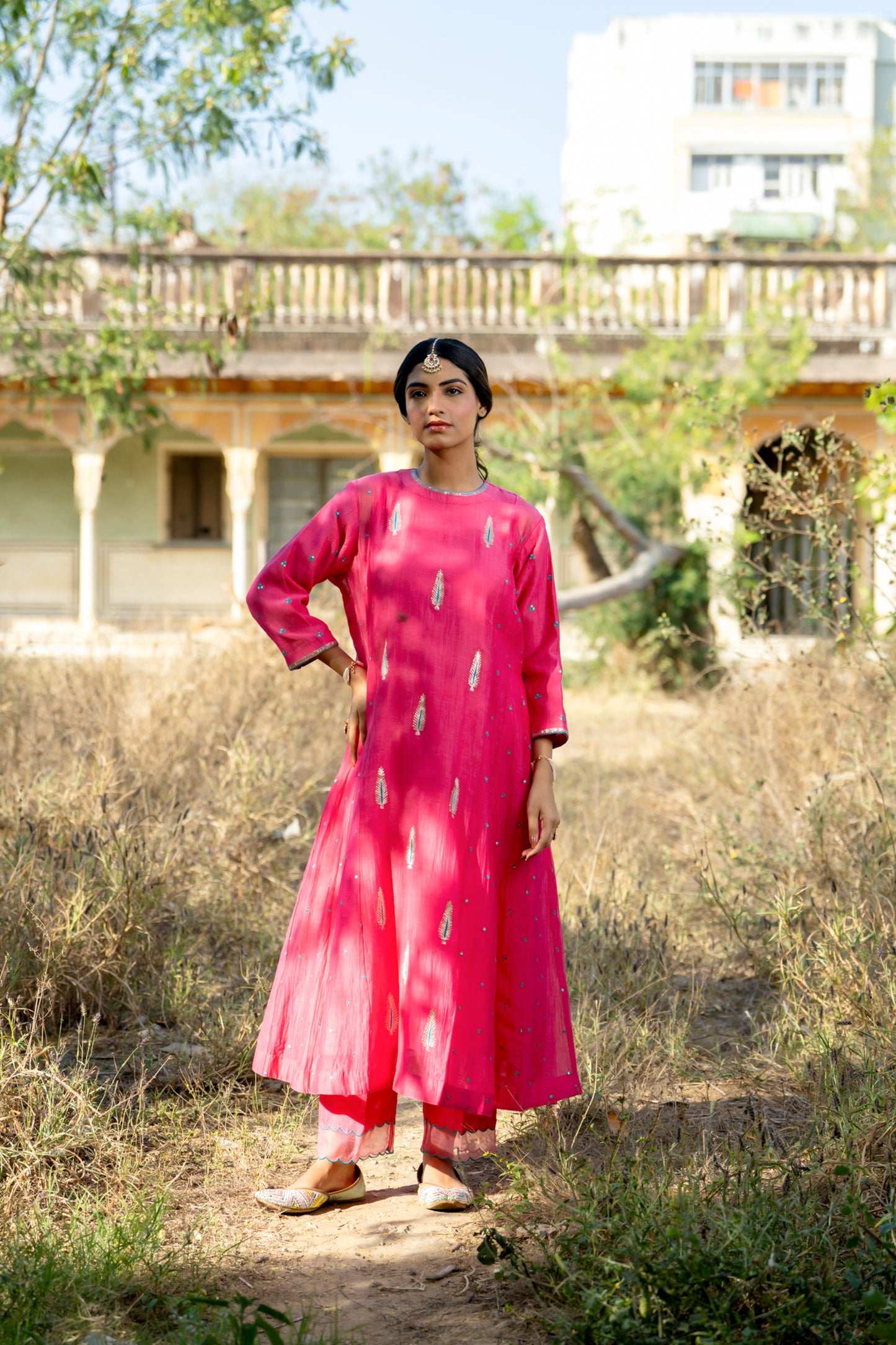 Fuschia Mul Chanderi Kurta Set with Pitta Motifs