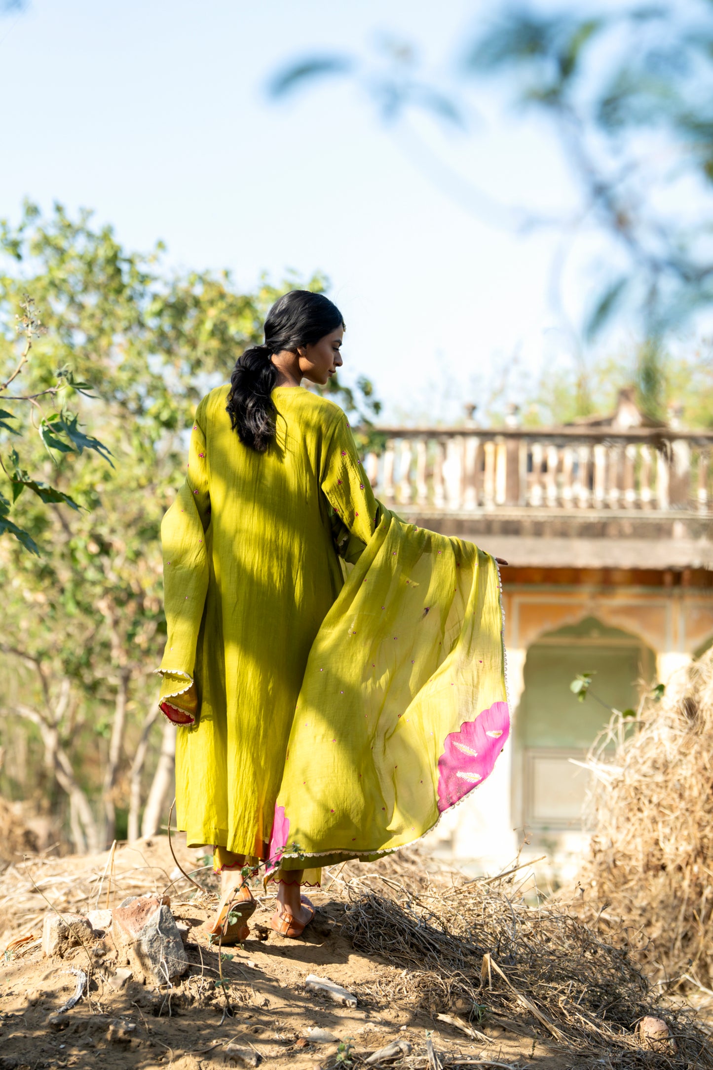 Green Mul Chanderi Kurta Set with Pitta Motifs