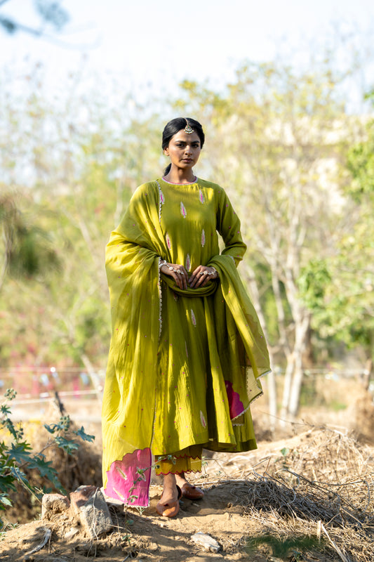 Green Mul Chanderi Kurta Set with Pitta Motifs