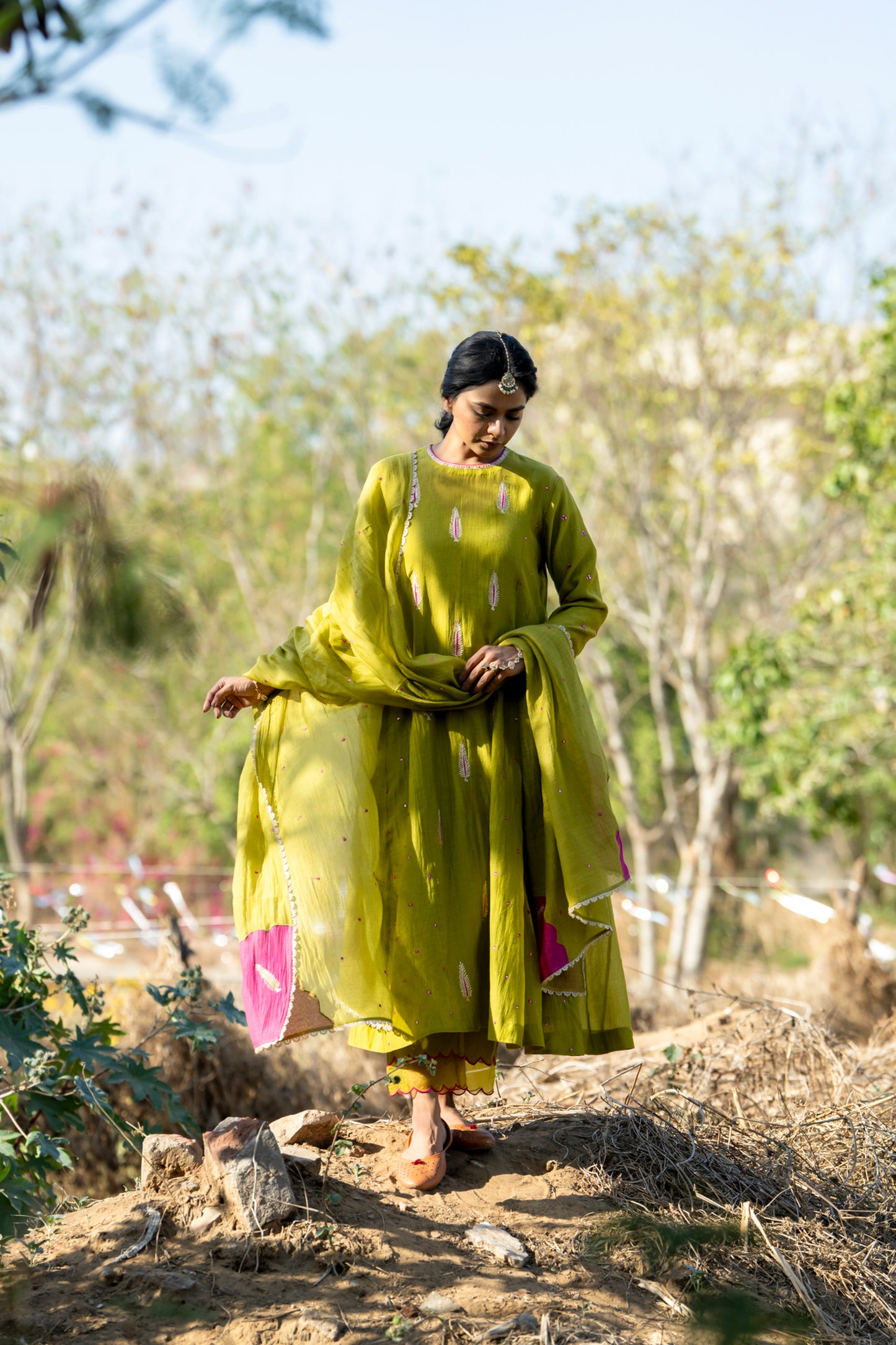 Green Mul Chanderi Kurta Set with Pitta Motifs
