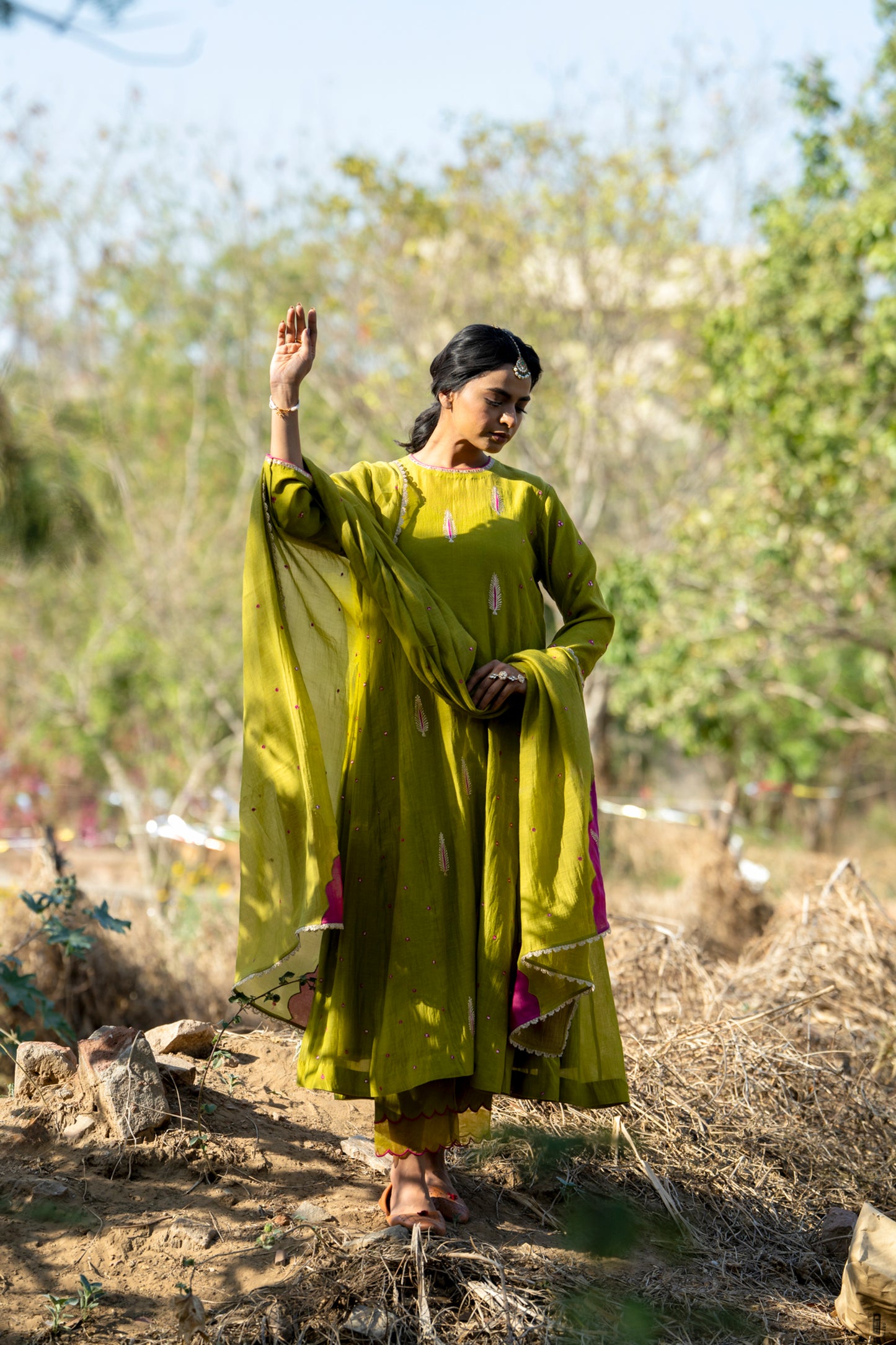 Green Mul Chanderi Kurta Set with Pitta Motifs