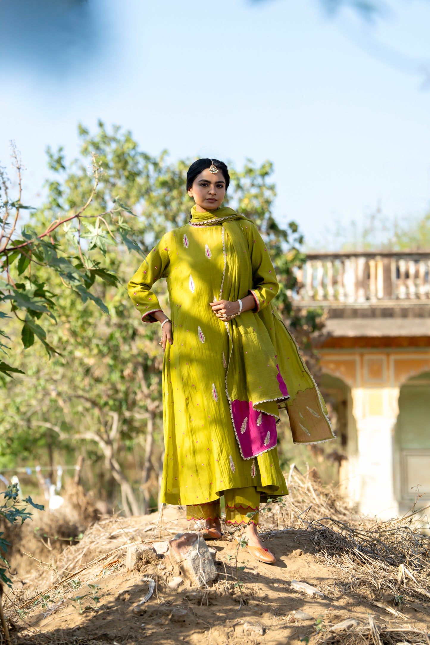 Green Mul Chanderi Kurta Set with Pitta Motifs