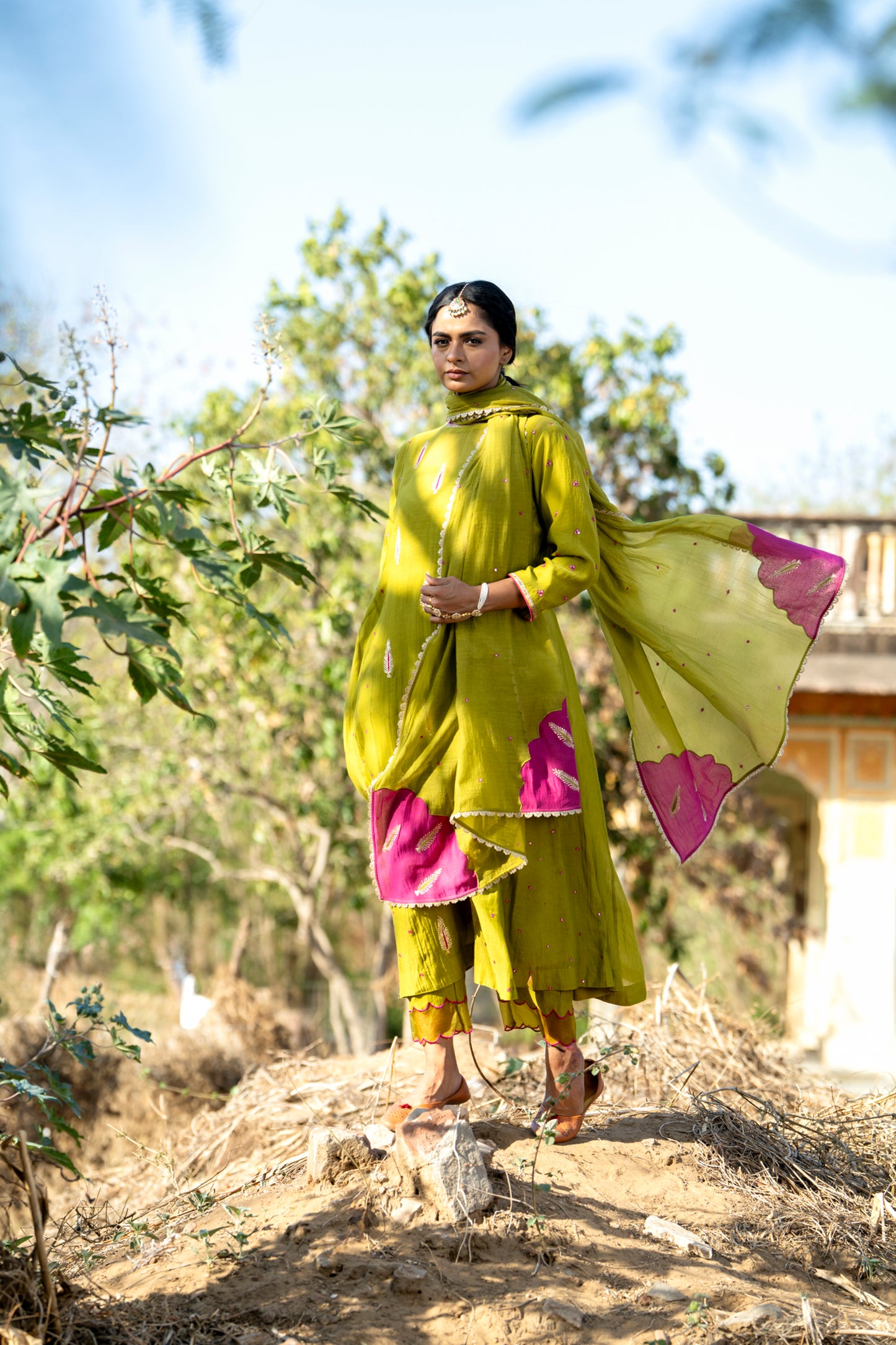 Green Mul Chanderi Kurta Set with Pitta Motifs