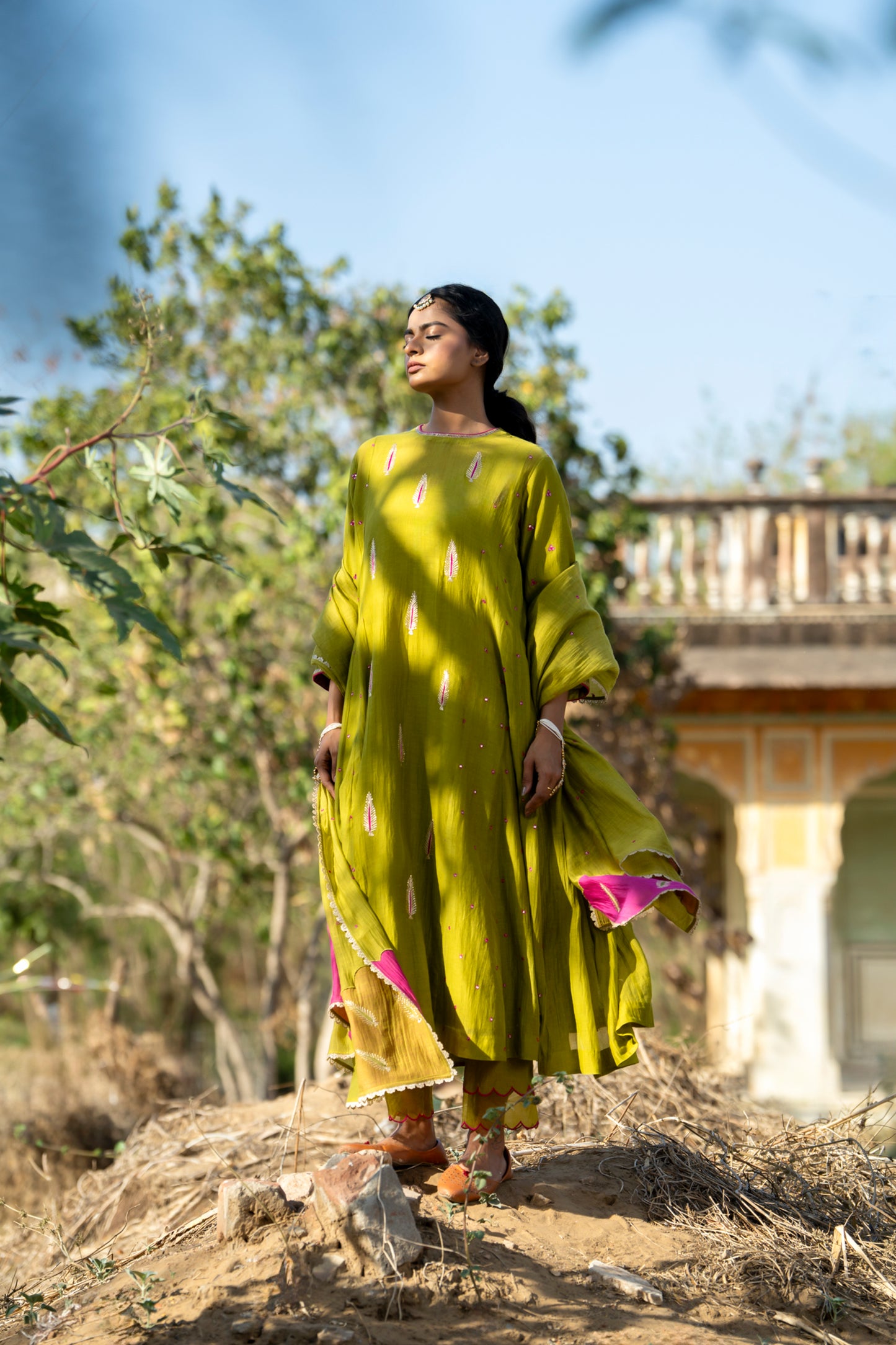 Green Mul Chanderi Kurta Set with Pitta Motifs