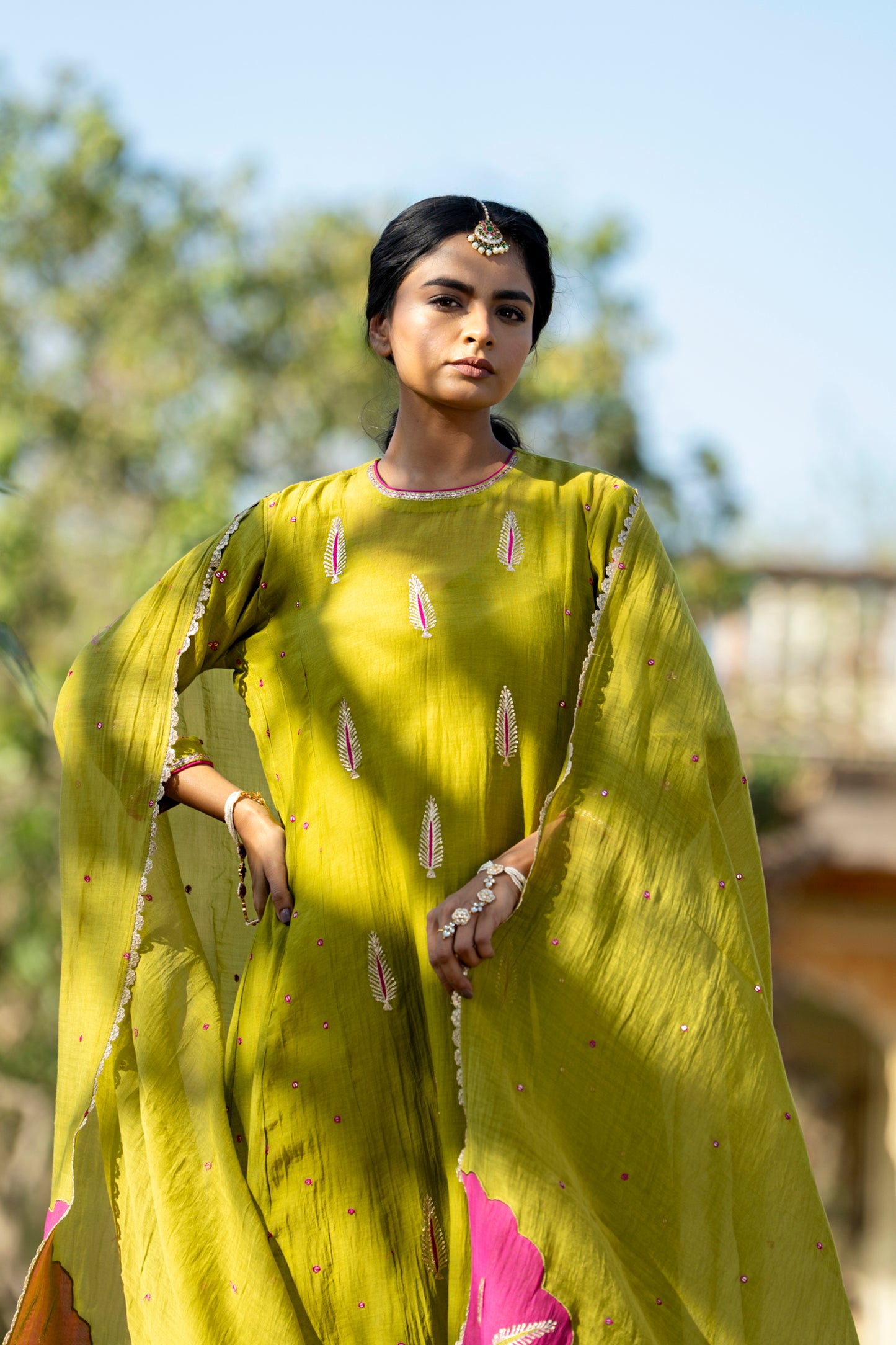 Green Mul Chanderi Kurta Set with Pitta Motifs
