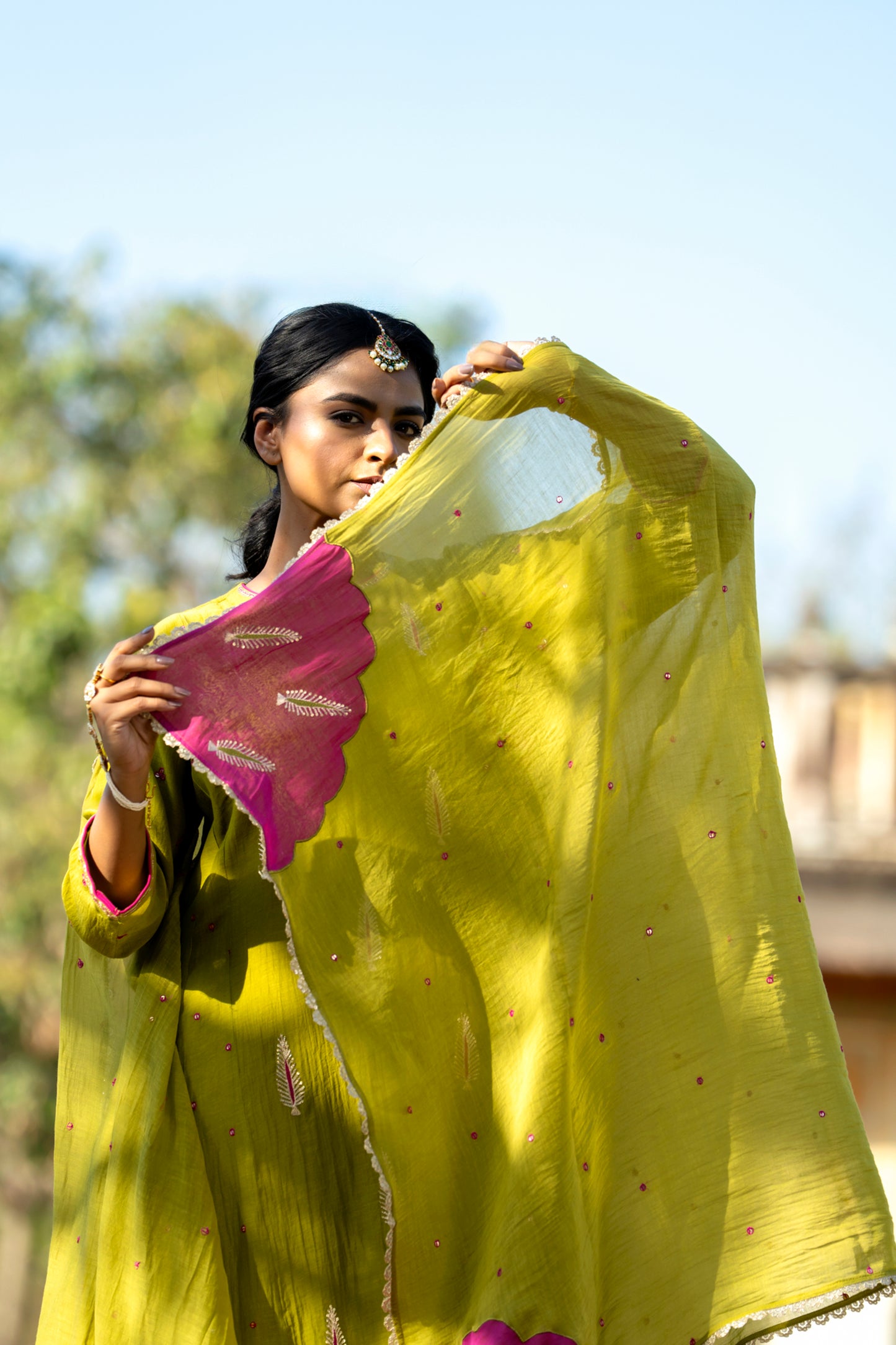 Green Mul Chanderi Kurta Set with Pitta Motifs