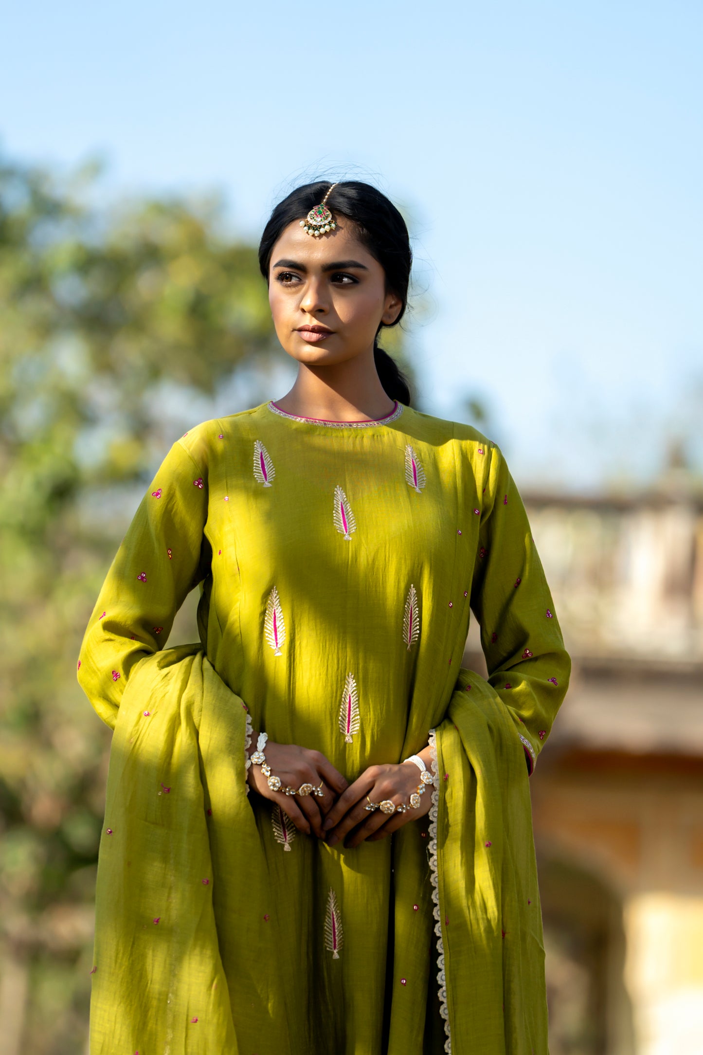 Green Mul Chanderi Kurta Set with Pitta Motifs