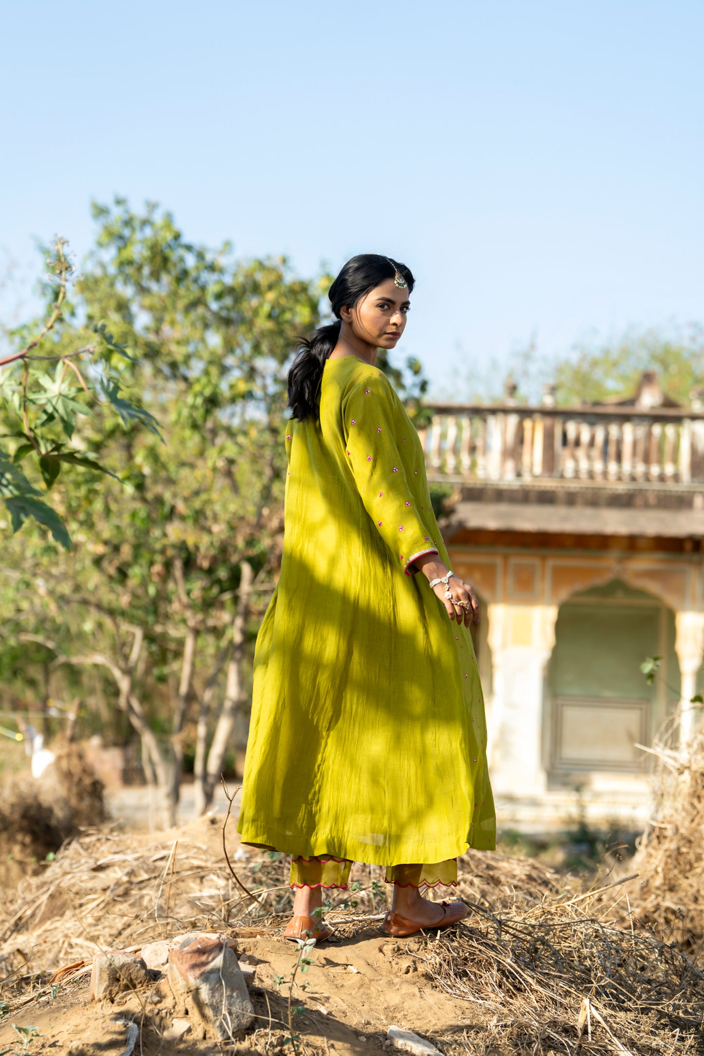 Green Mul Chanderi Kurta Set with Pitta Motifs