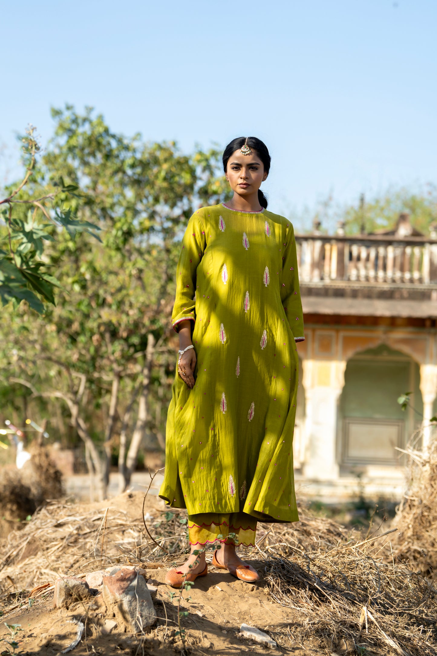 Green Mul Chanderi Kurta Set with Pitta Motifs