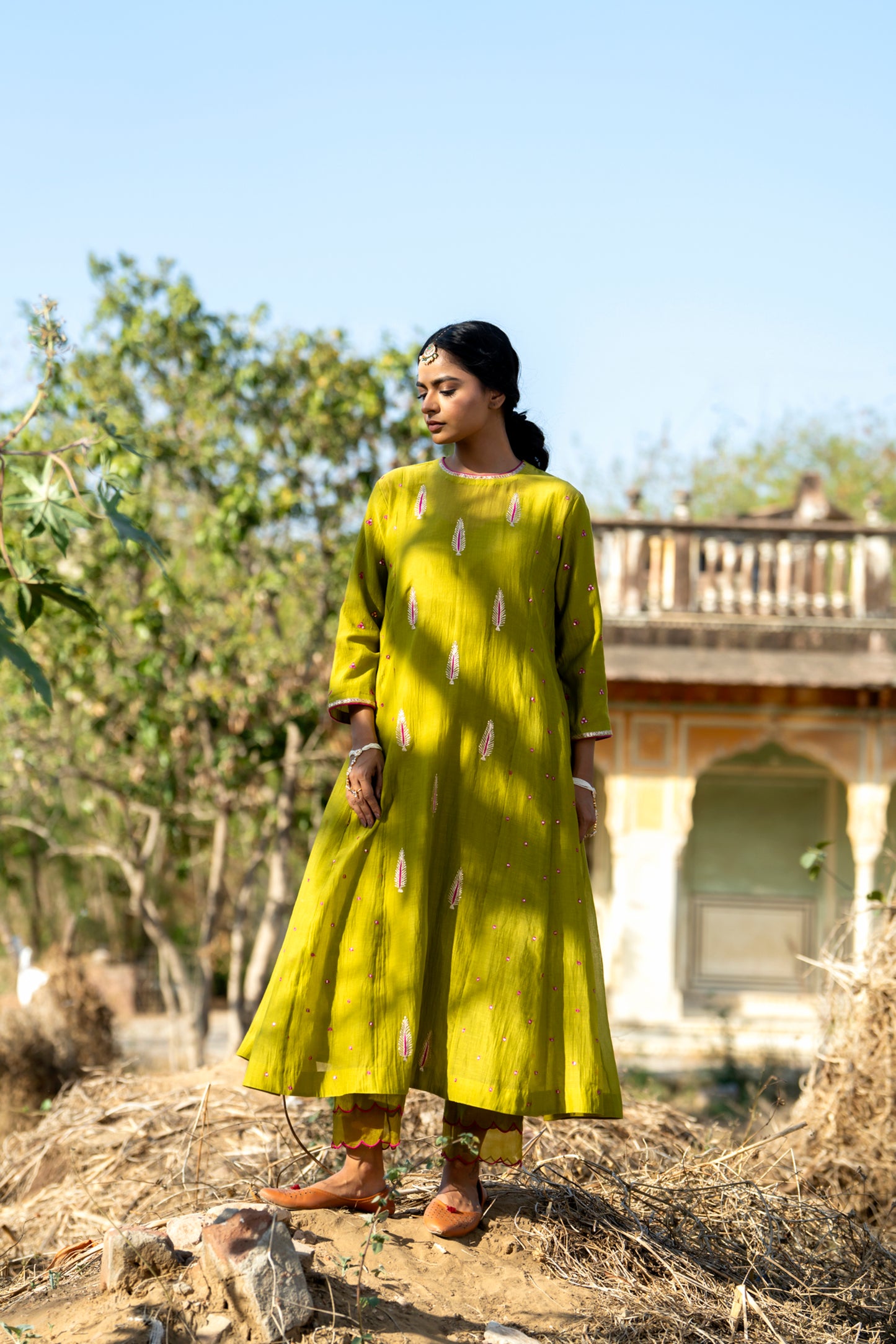 Green Mul Chanderi Kurta Set with Pitta Motifs