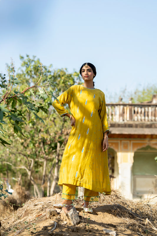 Yellow Mul Chanderi Kurta Set with Pitta Motifs