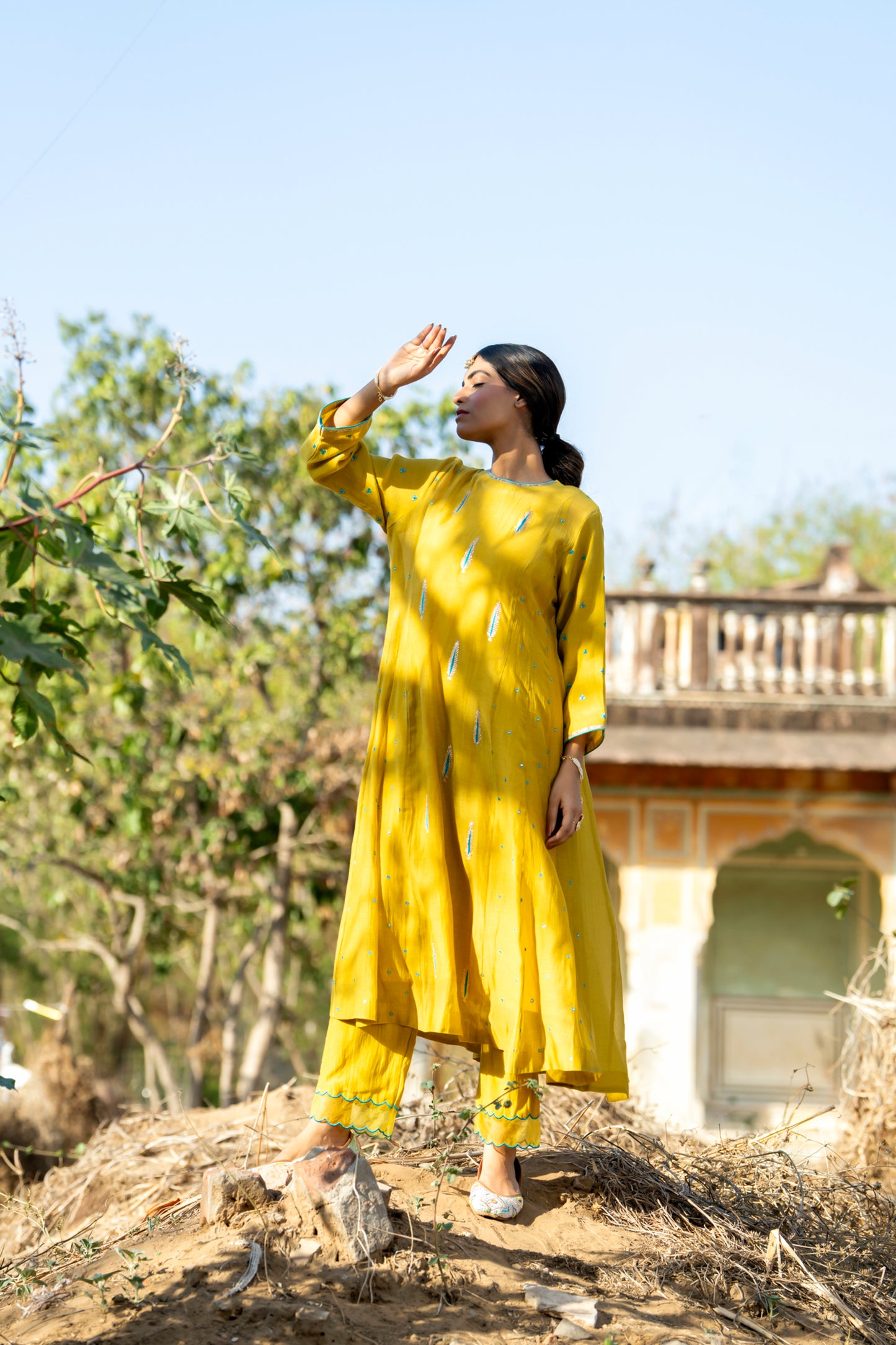 Yellow Mul Chanderi Kurta Set with Pitta Motifs