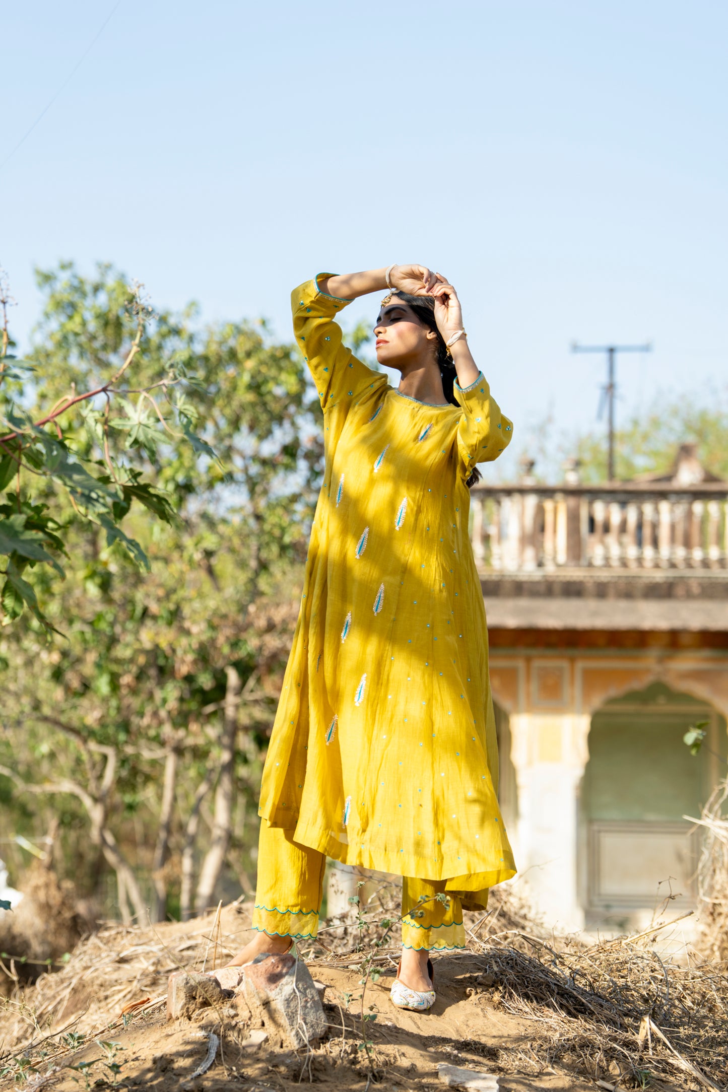 Yellow Mul Chanderi Kurta Set with Pitta Motifs