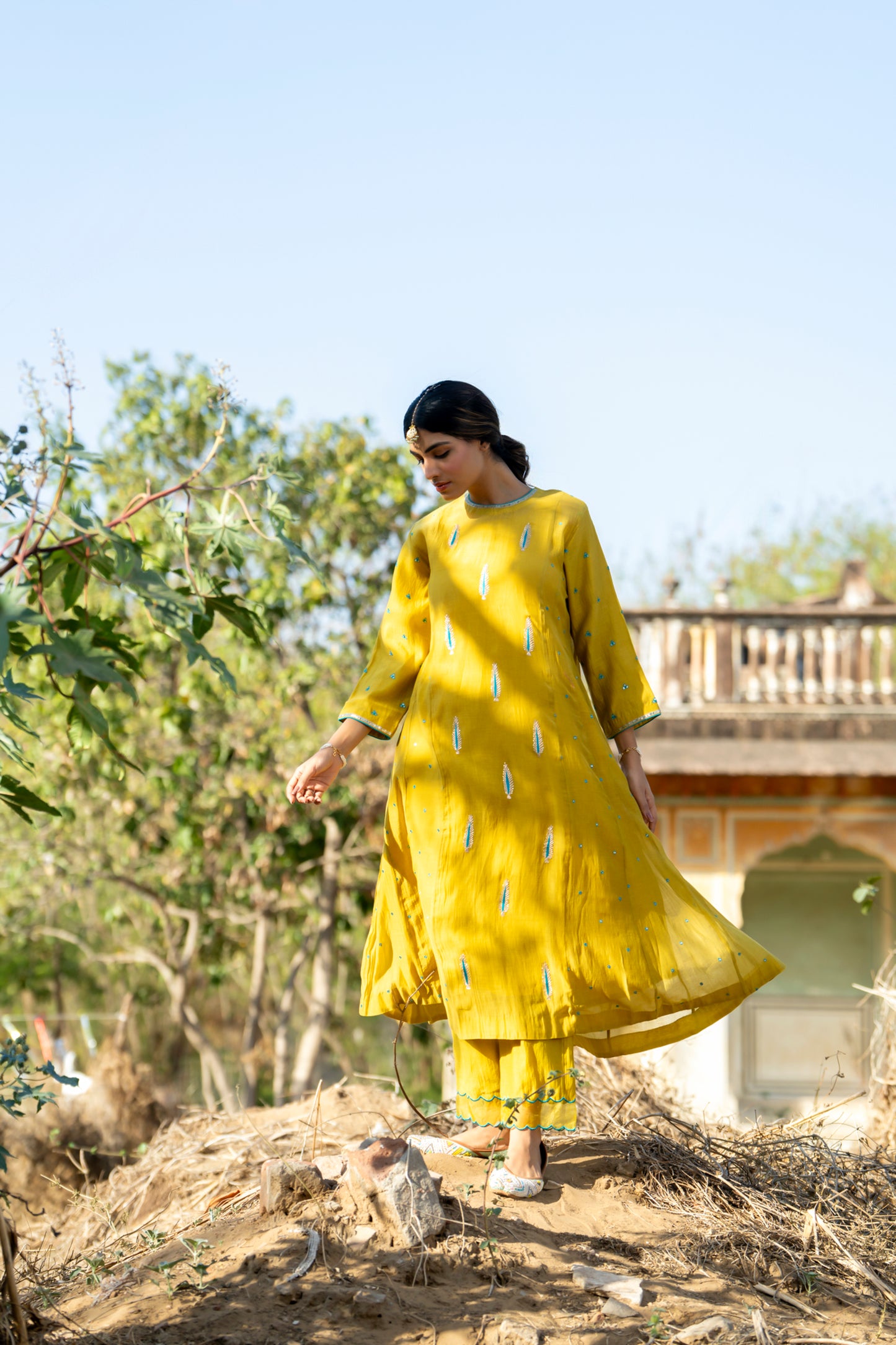 Yellow Mul Chanderi Kurta Set with Pitta Motifs