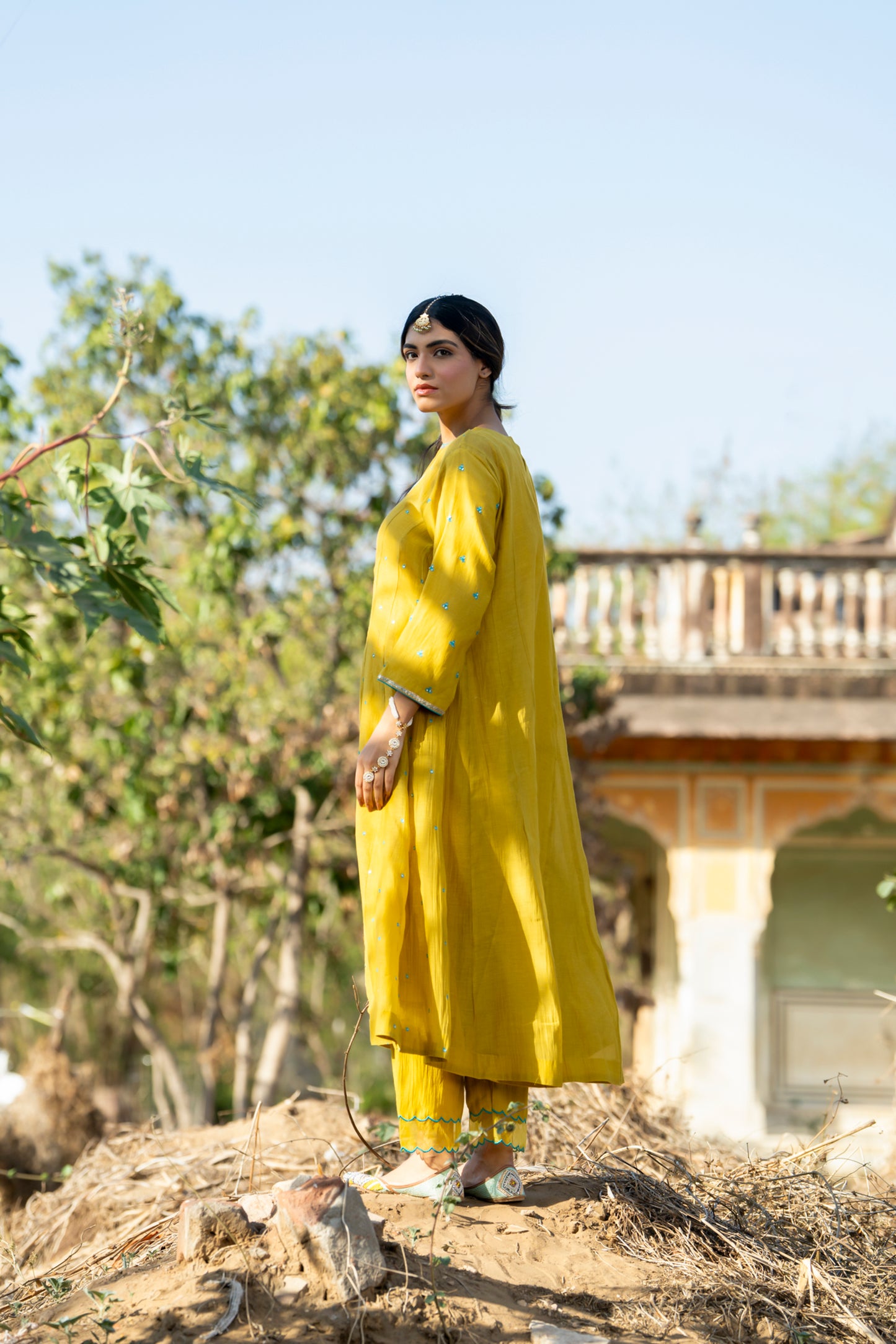 Yellow Mul Chanderi Kurta Set with Pitta Motifs