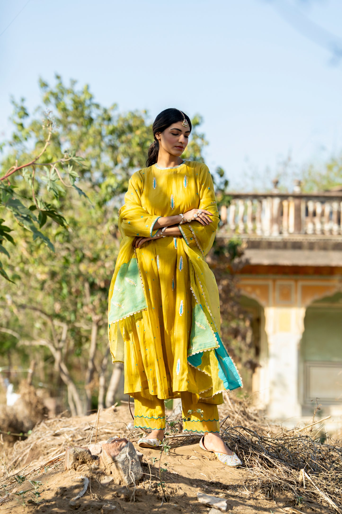 Yellow Mul Chanderi Kurta Set with Pitta Motifs