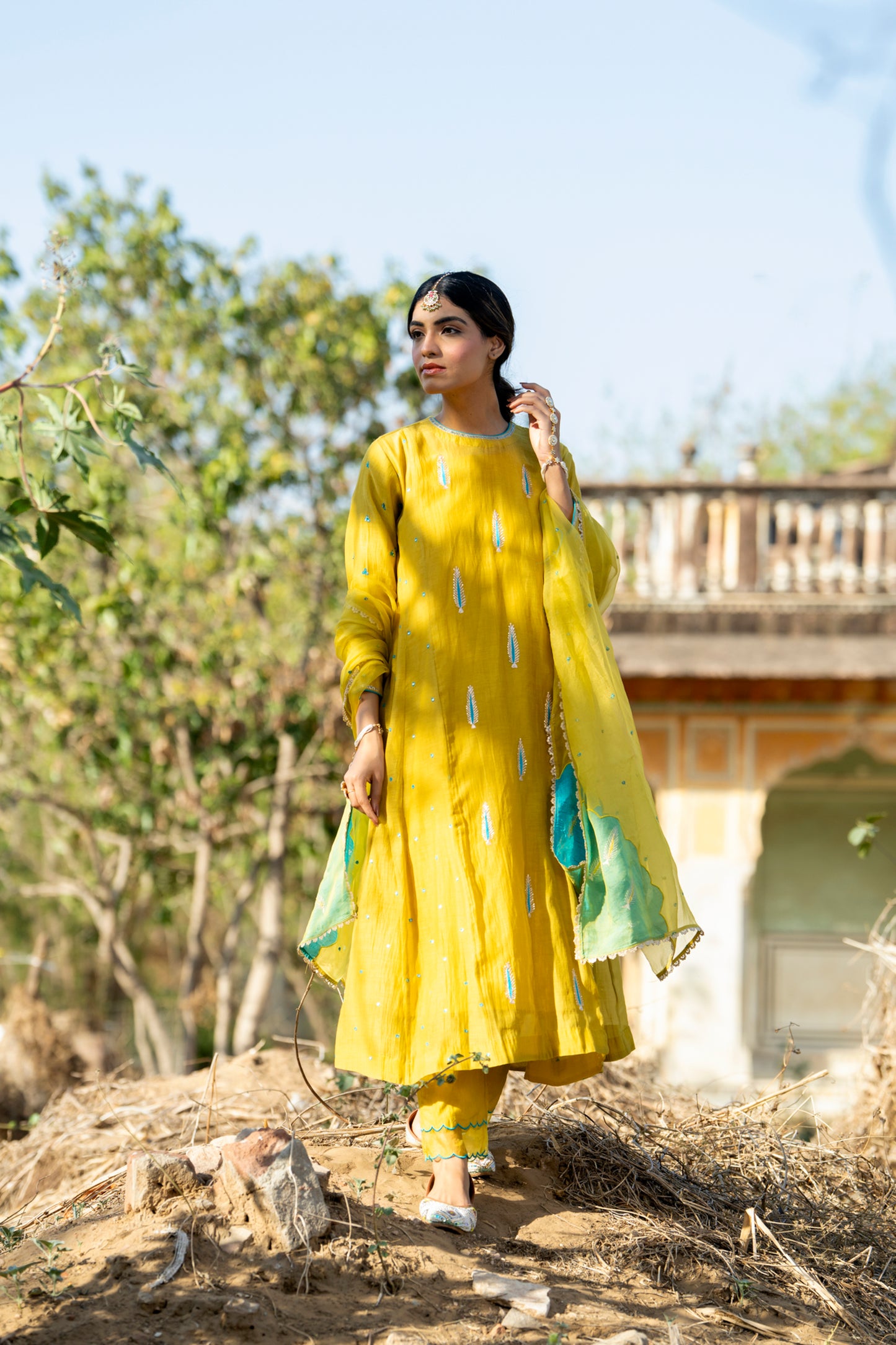 Yellow Mul Chanderi Kurta Set with Pitta Motifs