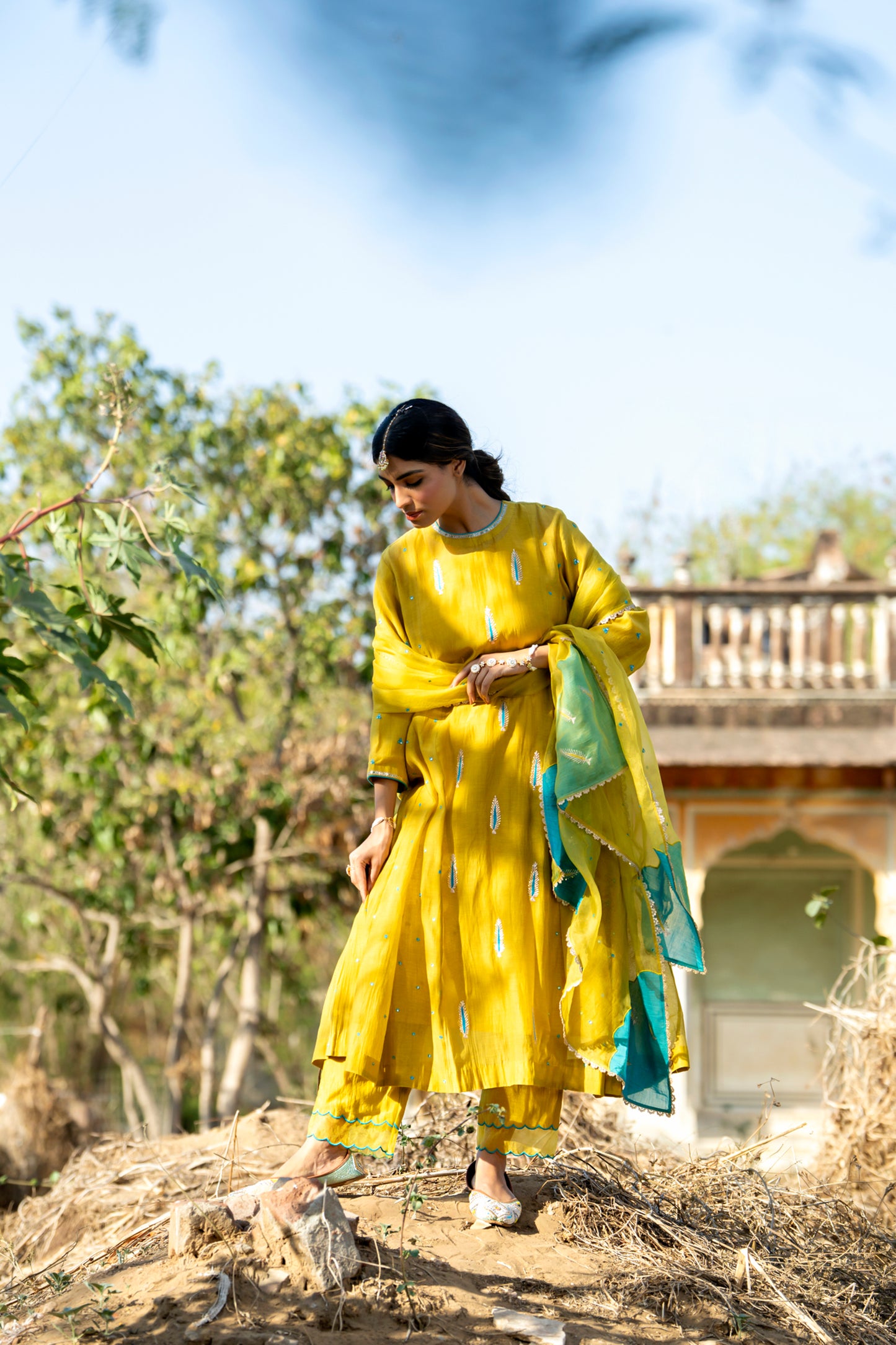 Yellow Mul Chanderi Kurta Set with Pitta Motifs
