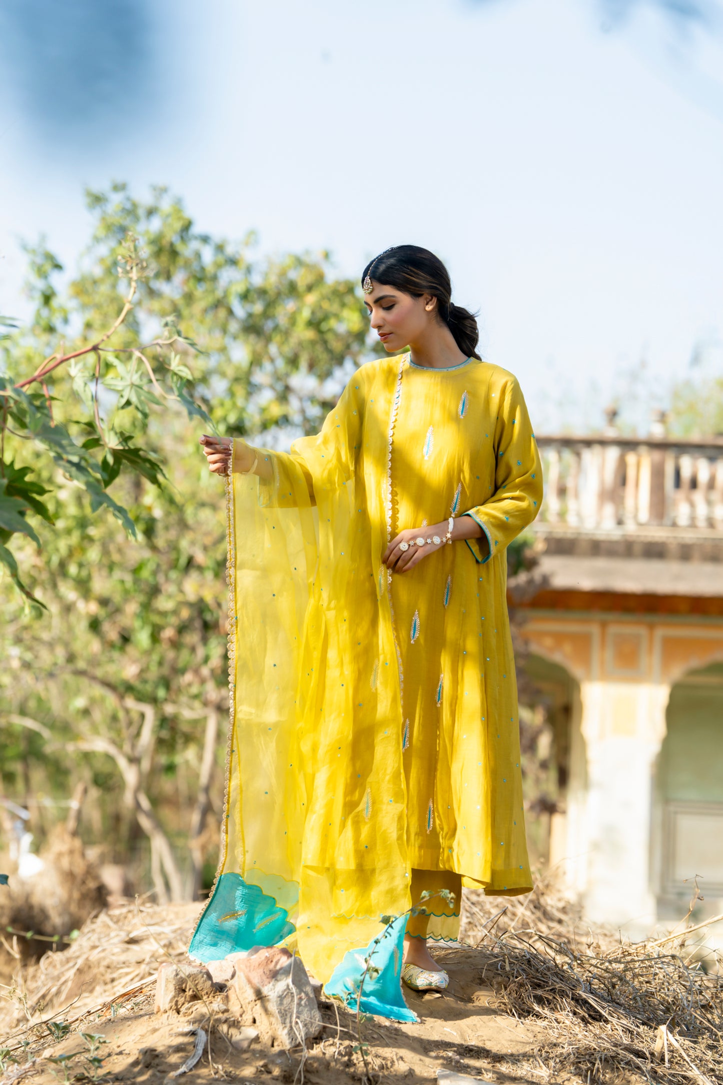 Yellow Mul Chanderi Kurta Set with Pitta Motifs