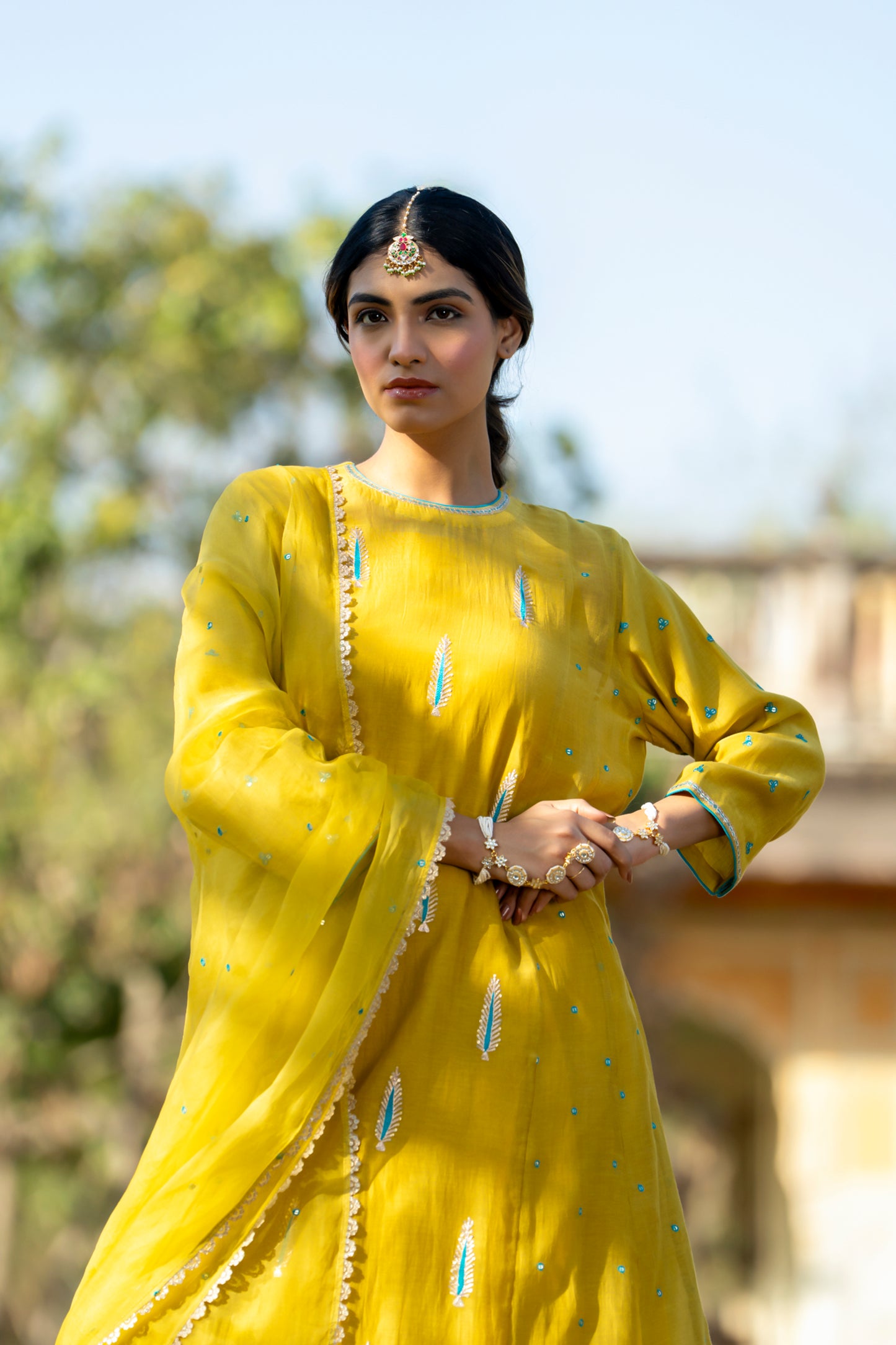 Yellow Mul Chanderi Kurta Set with Pitta Motifs