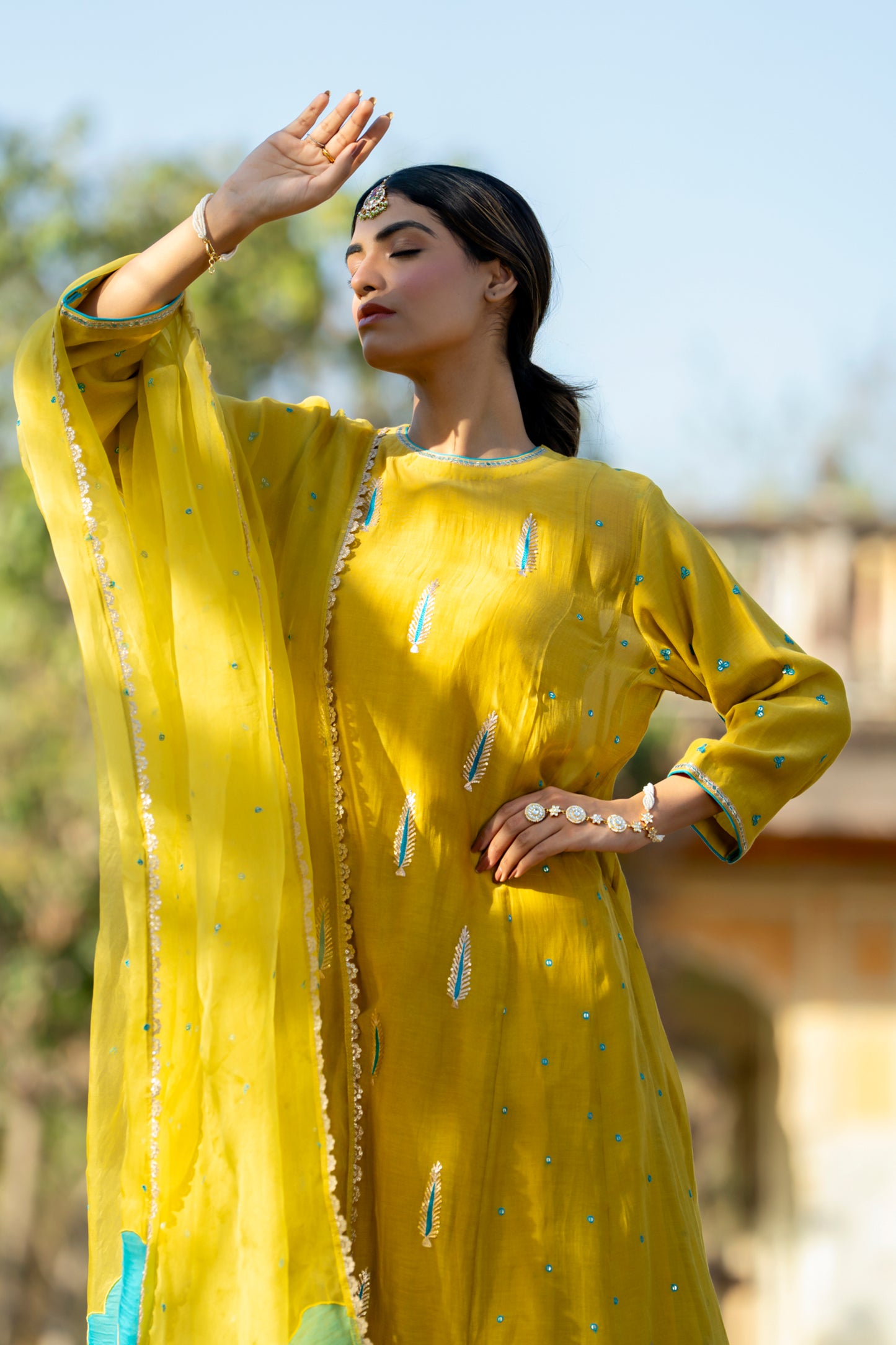 Yellow Mul Chanderi Kurta Set with Pitta Motifs
