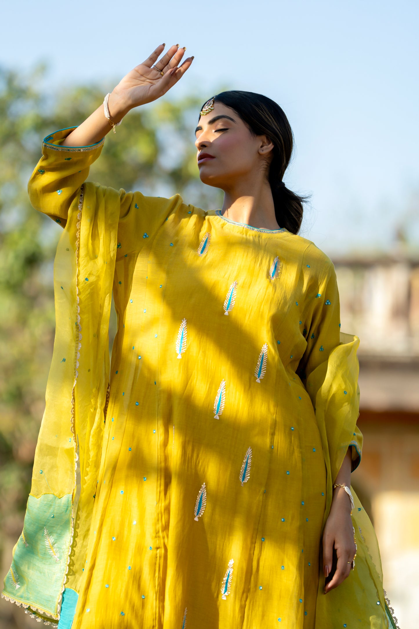 Yellow Mul Chanderi Kurta Set with Pitta Motifs