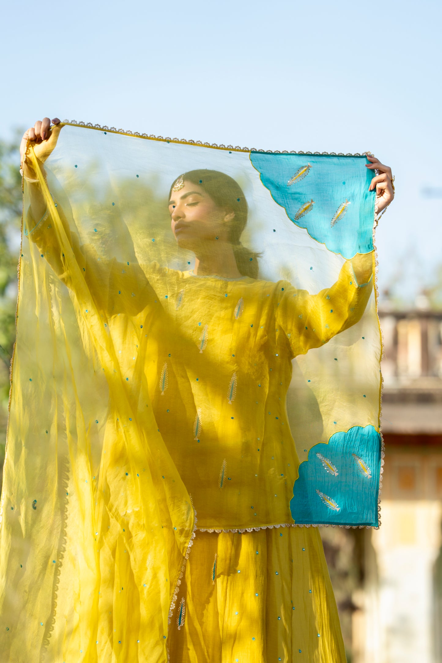 Yellow Mul Chanderi Kurta Set with Pitta Motifs