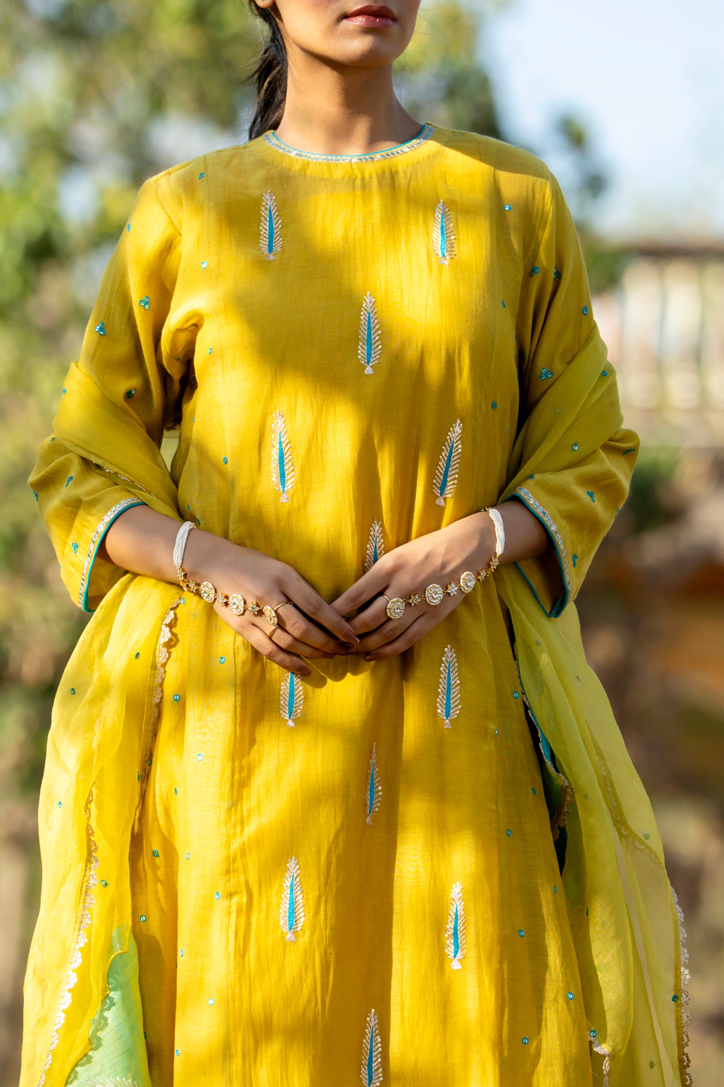 Yellow Mul Chanderi Kurta Set with Pitta Motifs