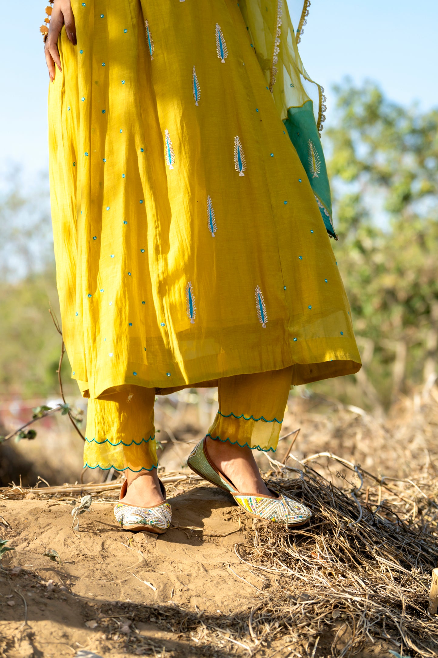 Yellow Mul Chanderi Kurta Set with Pitta Motifs