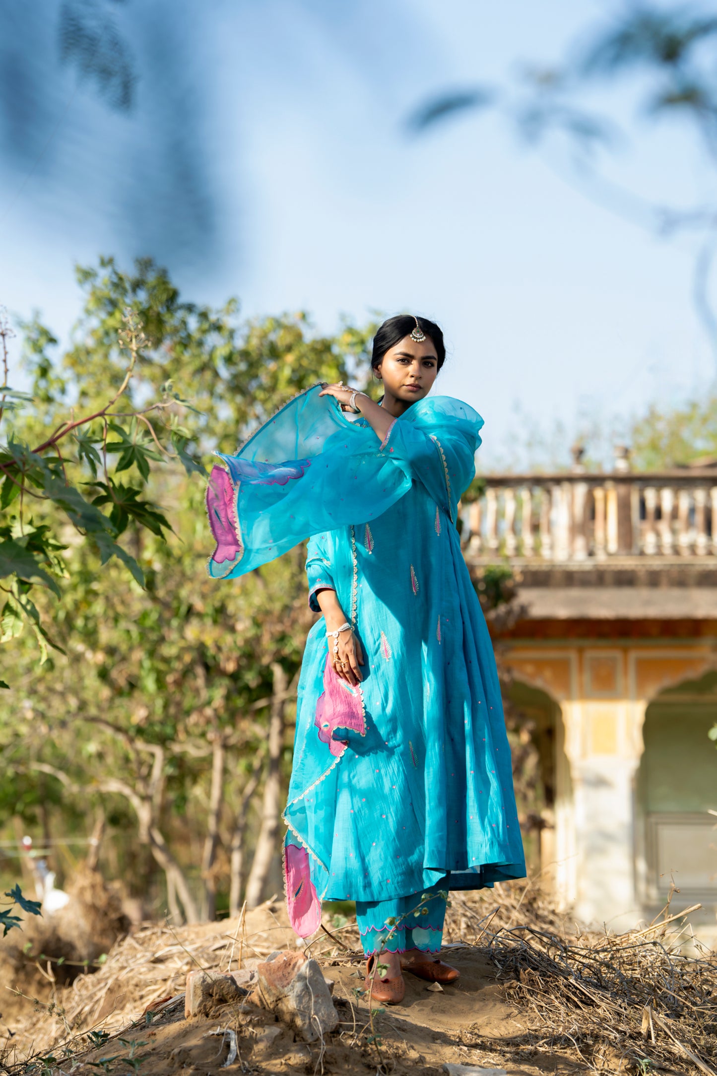 Blue Mul Chanderi Kurta Set with Pitta Motifs