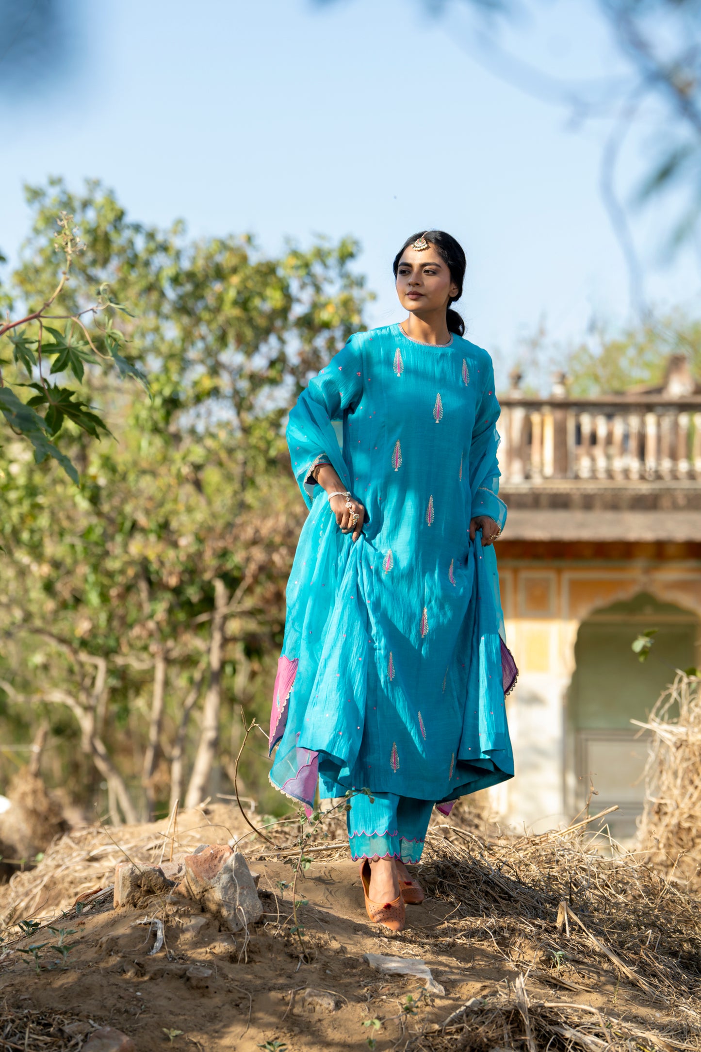 Blue Mul Chanderi Kurta Set with Pitta Motifs
