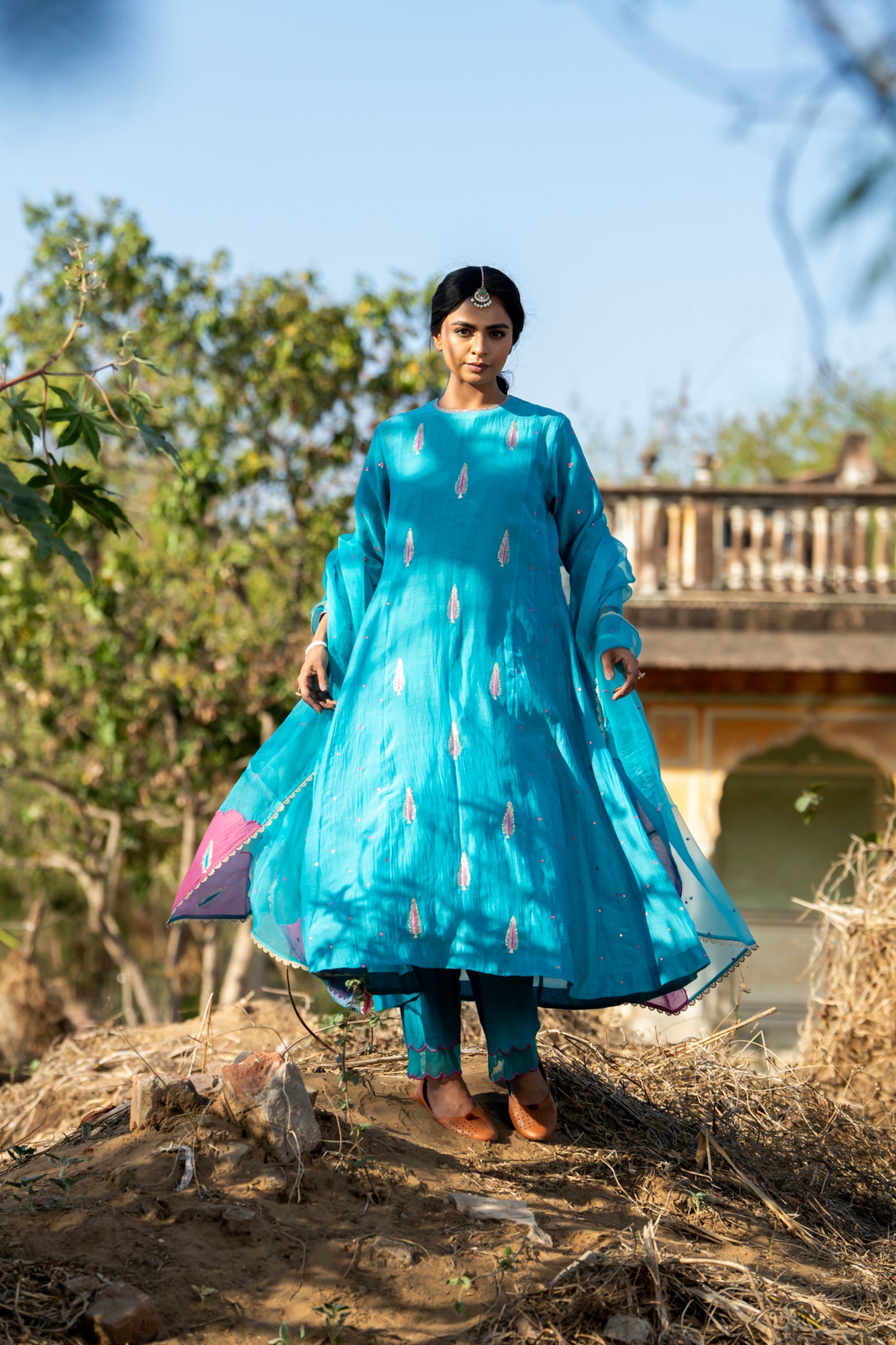 Blue Mul Chanderi Kurta Set with Pitta Motifs