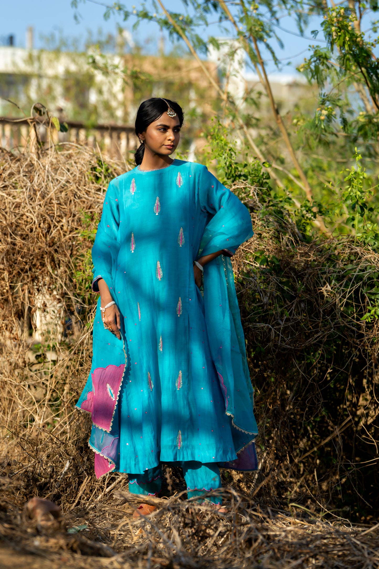 Blue Mul Chanderi Kurta Set with Pitta Motifs