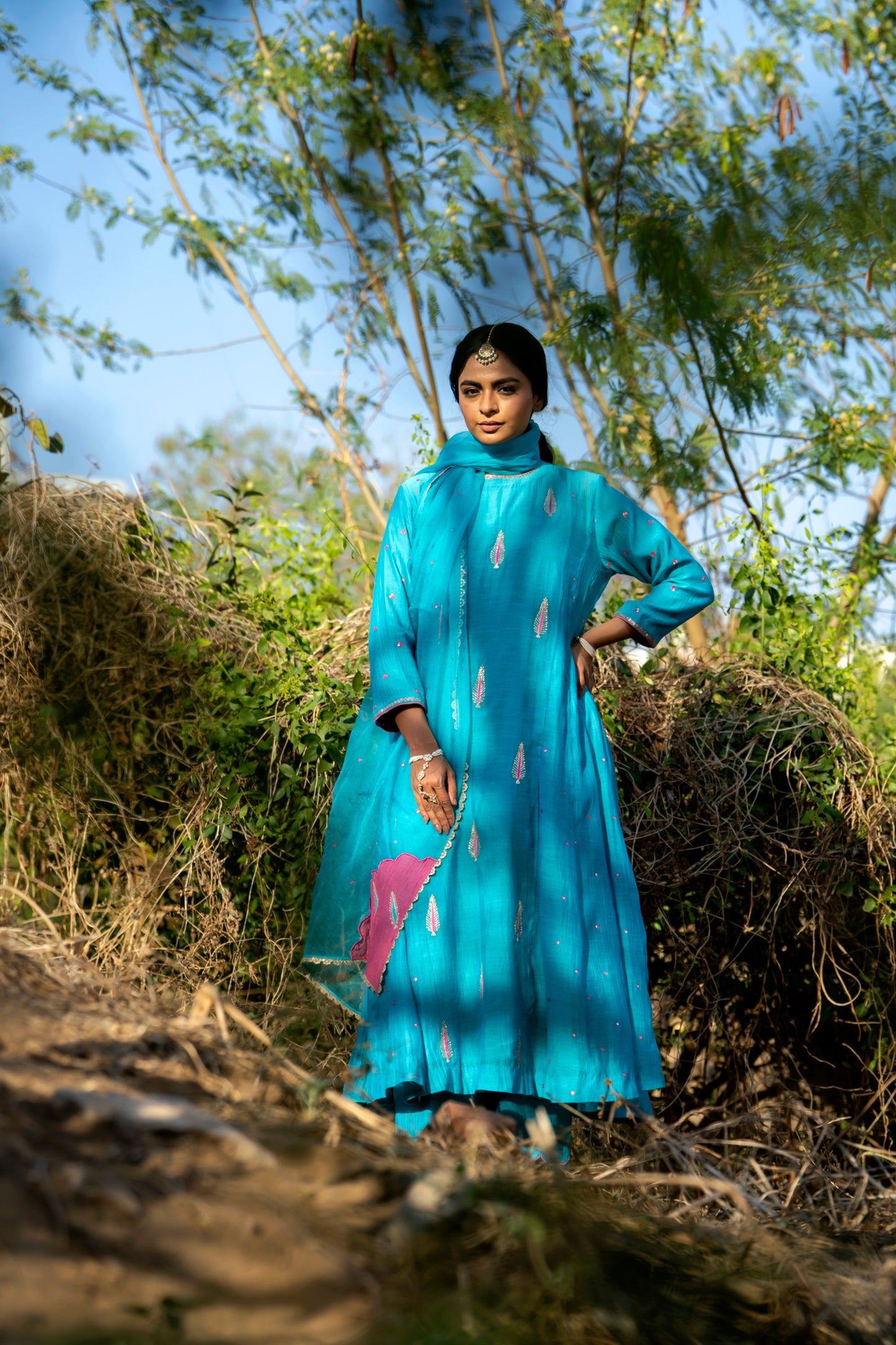 Blue Mul Chanderi Kurta Set with Pitta Motifs