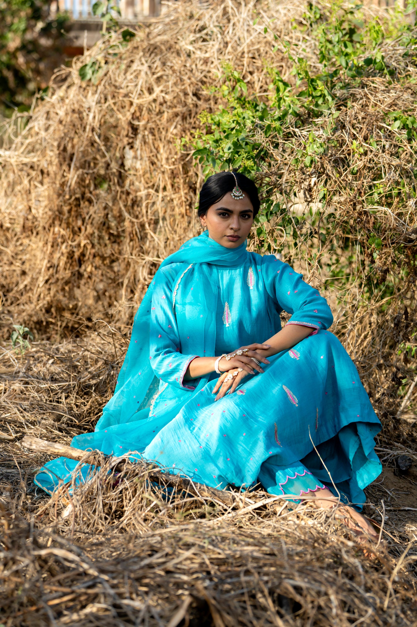 Blue Mul Chanderi Kurta Set with Pitta Motifs