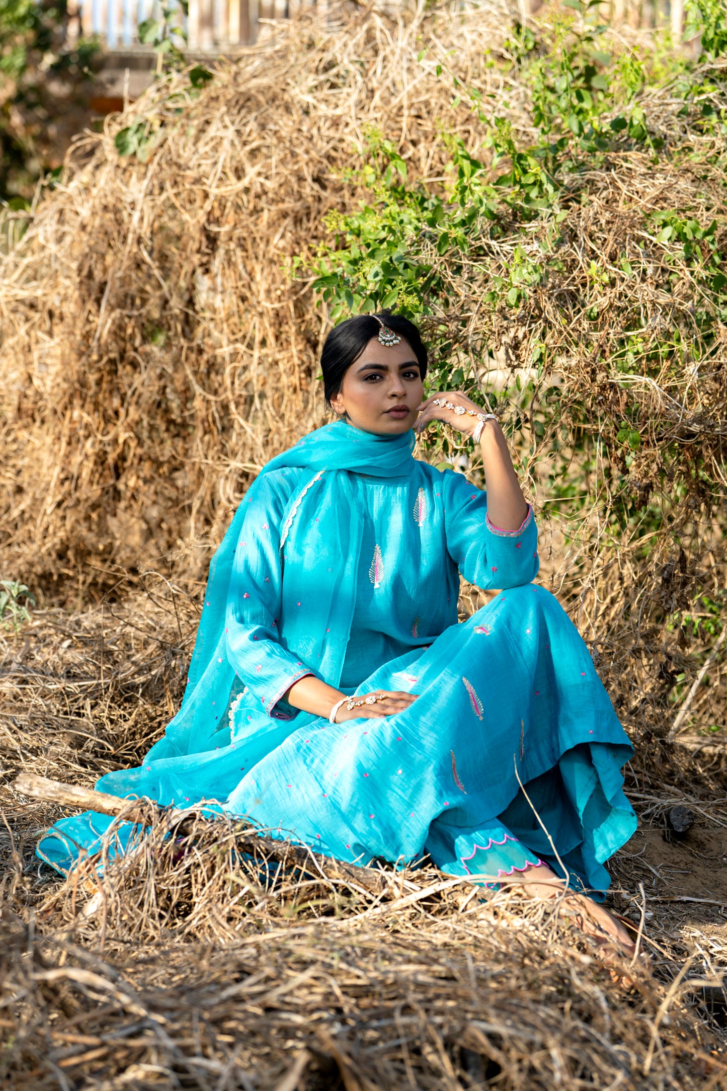 Blue Mul Chanderi Kurta Set with Pitta Motifs