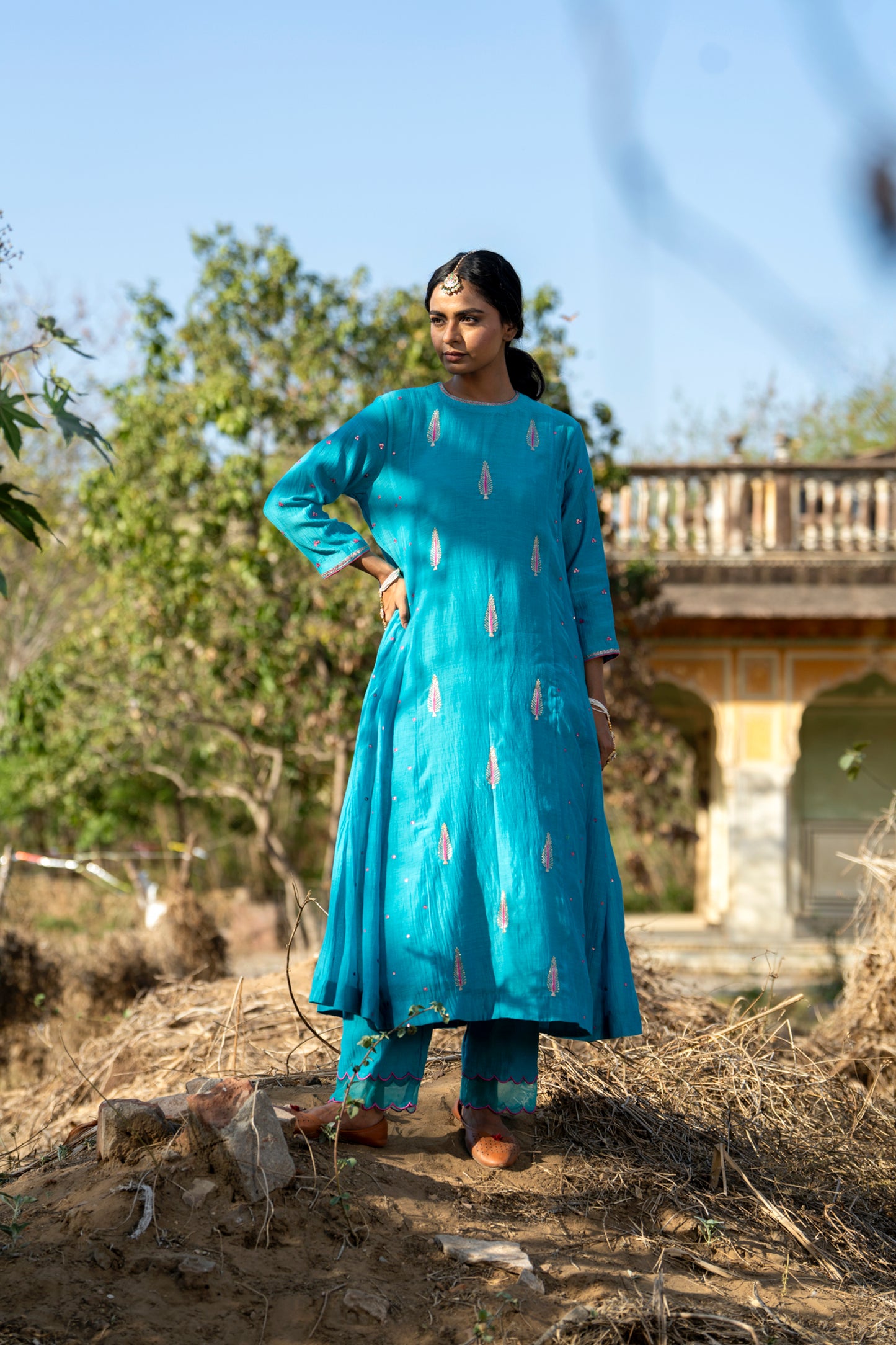Blue Mul Chanderi Kurta Set with Pitta Motifs