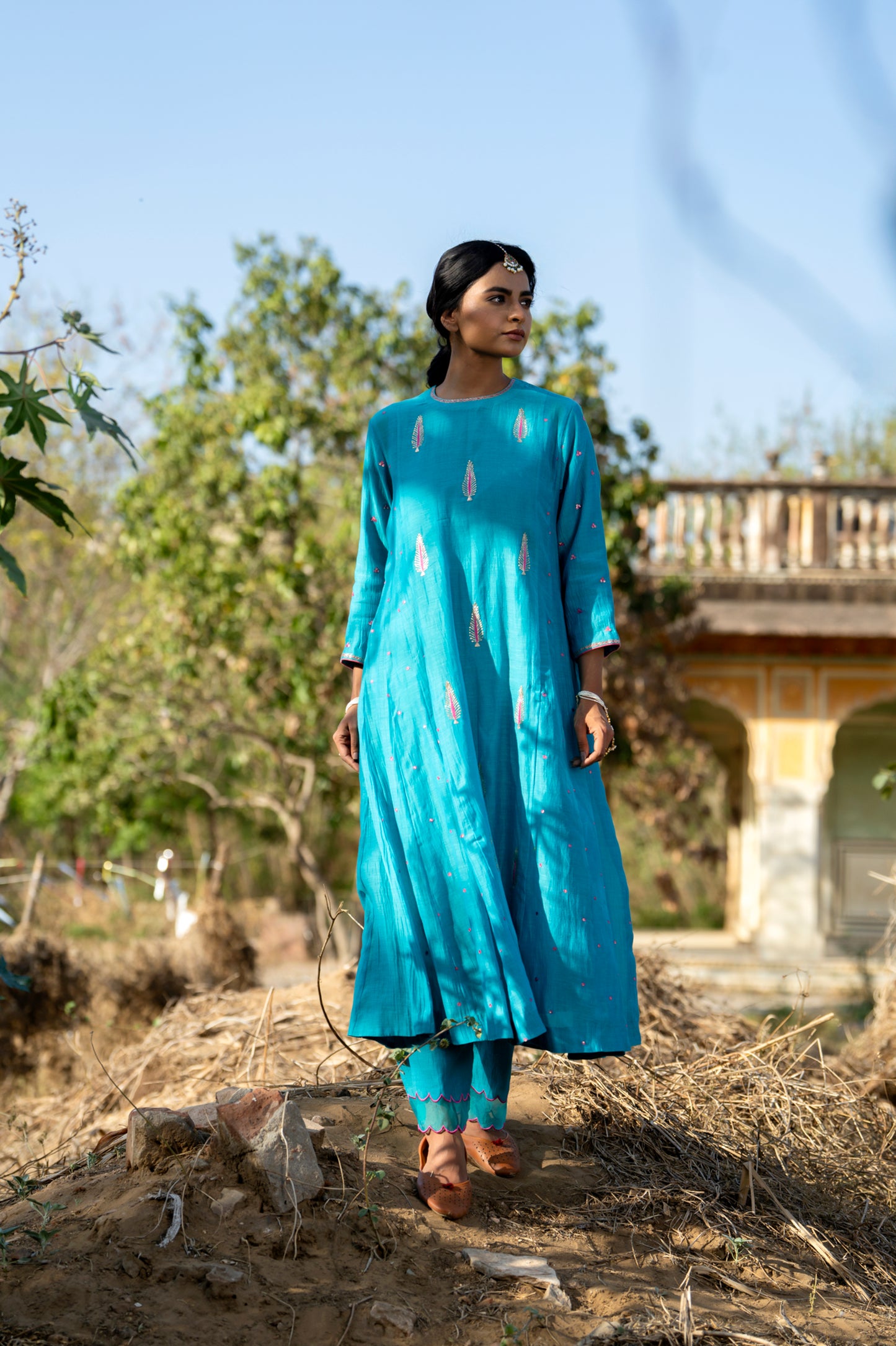 Blue Mul Chanderi Kurta Set with Pitta Motifs