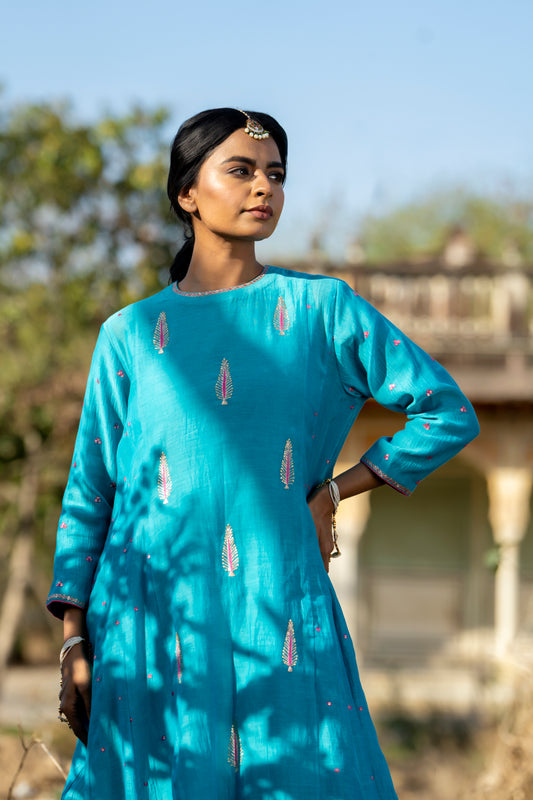 Blue Mul Chanderi Kurta Set with Pitta Motifs