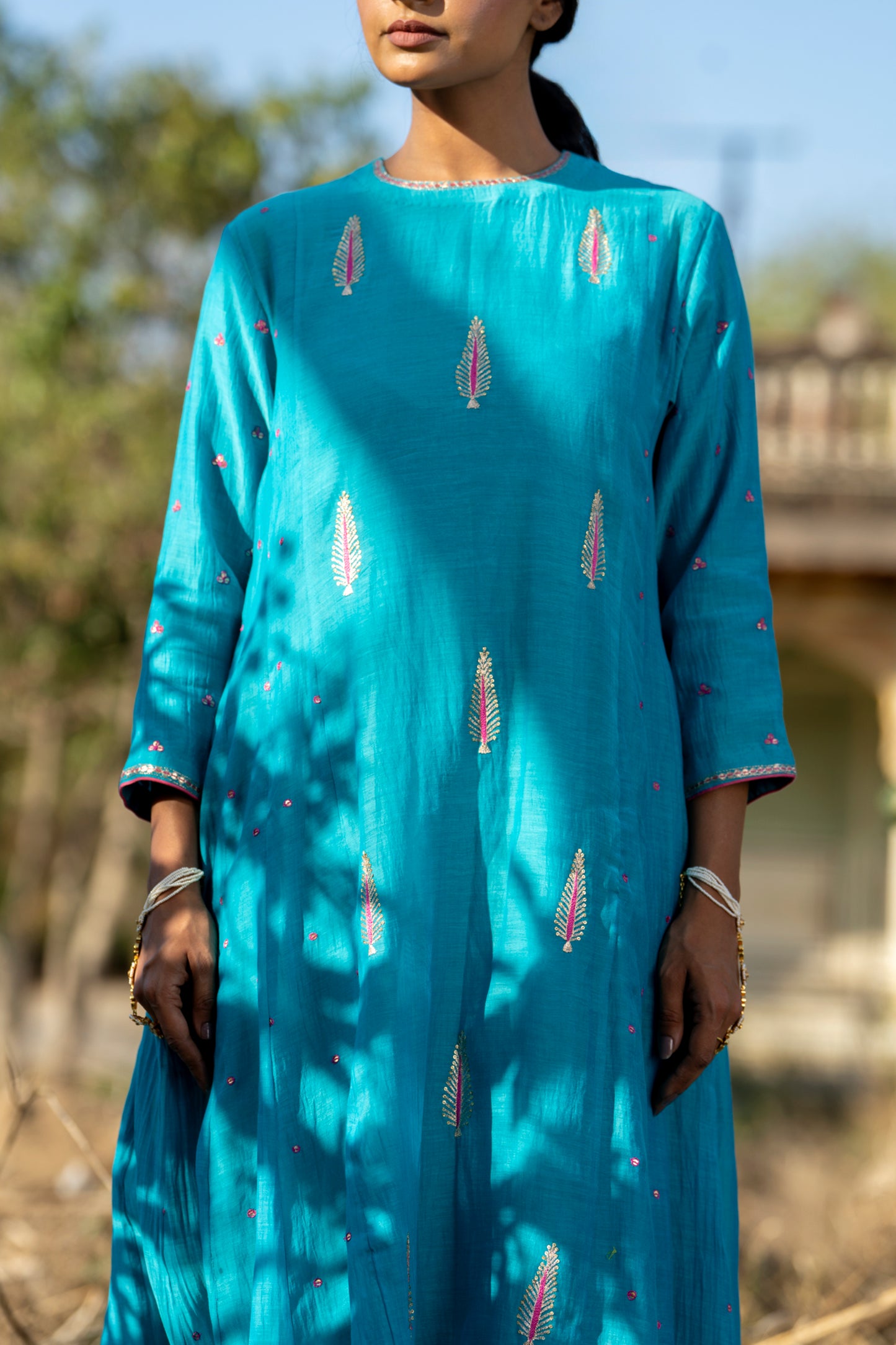 Blue Mul Chanderi Kurta Set with Pitta Motifs
