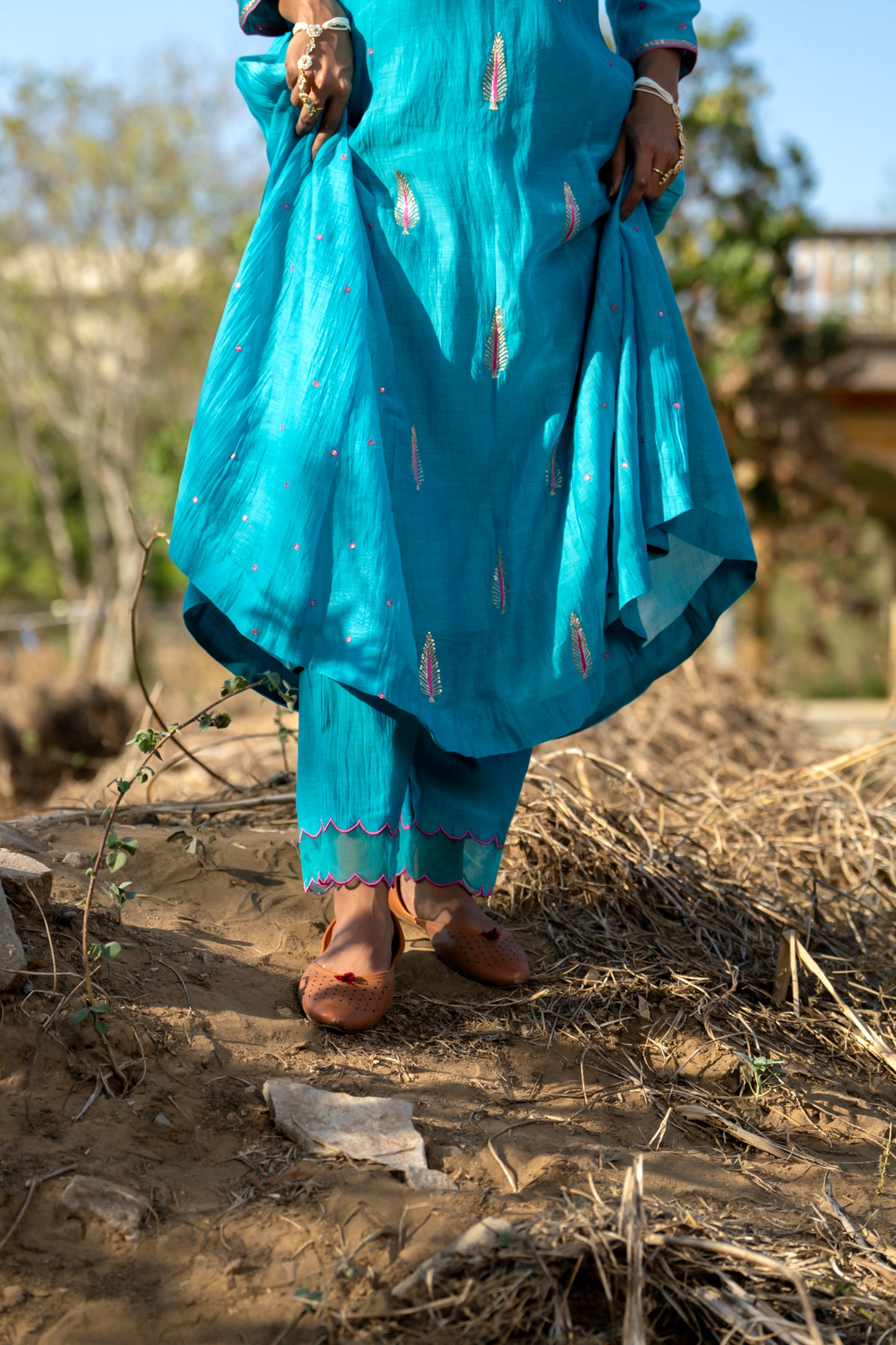 Blue Mul Chanderi Kurta Set with Pitta Motifs