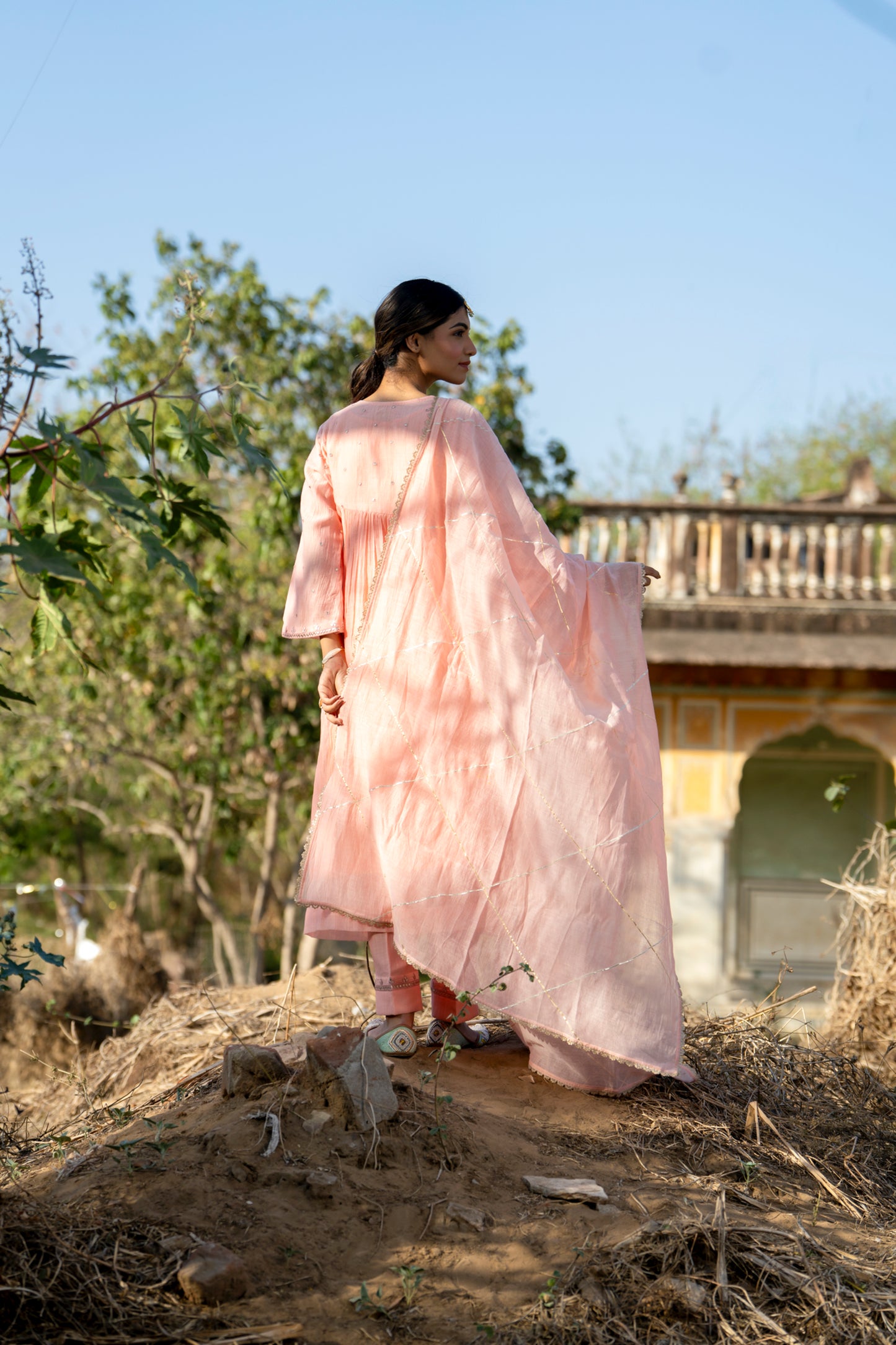 Pink Muk Chanderi V neck Gota Kurta Set