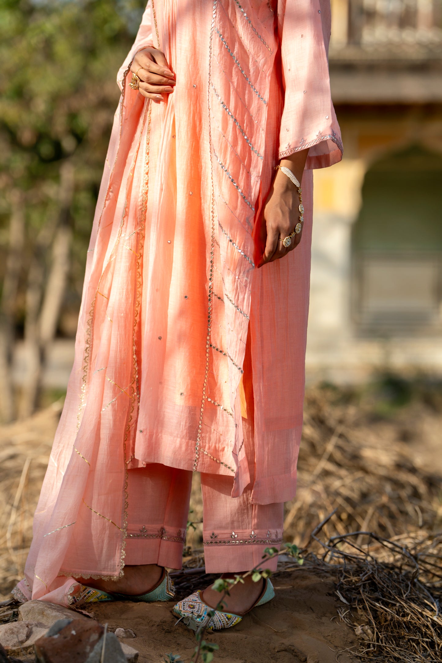 Pink Muk Chanderi V neck Gota Kurta Set