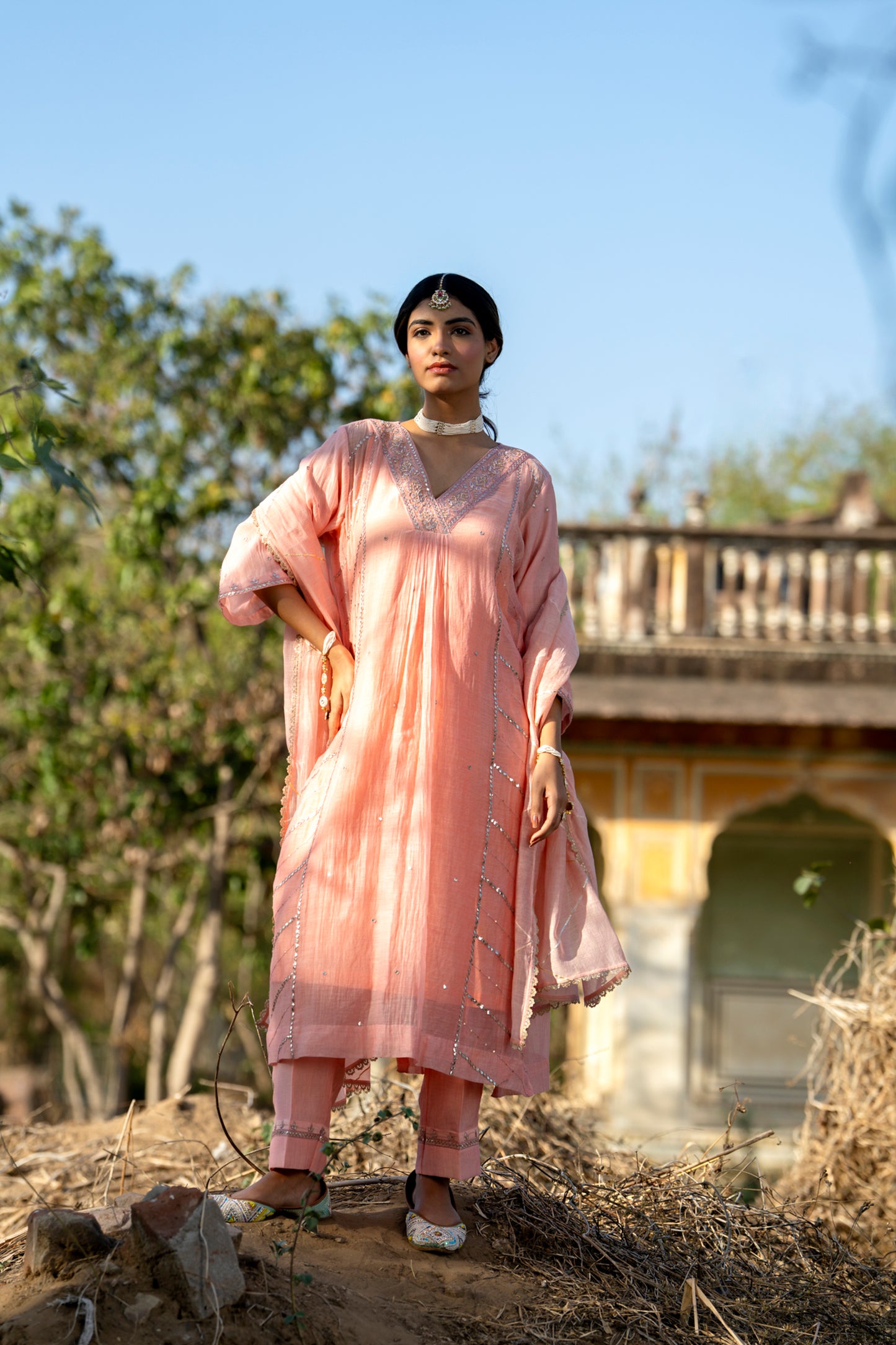 Pink Muk Chanderi V neck Gota Kurta Set